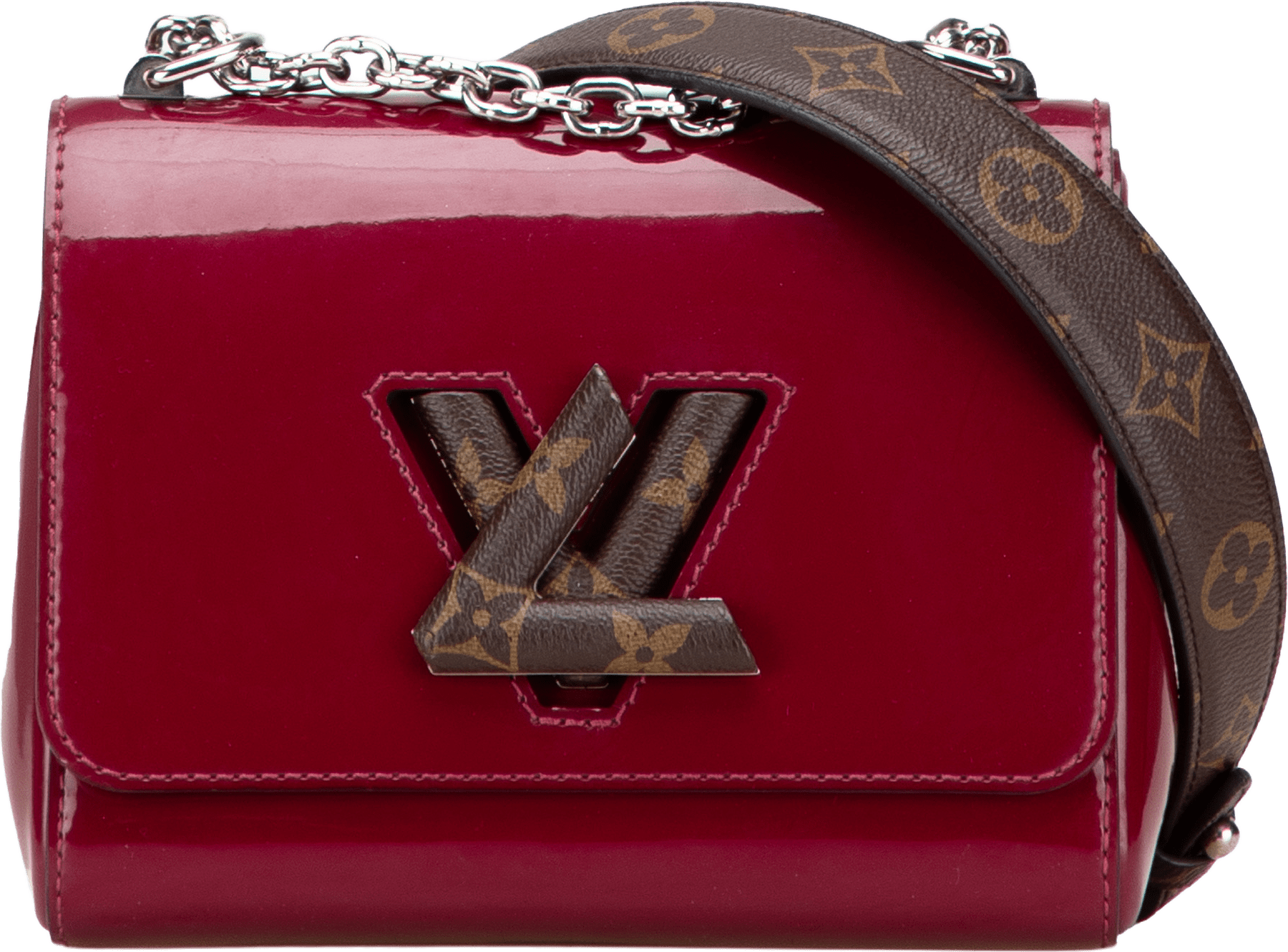 Louis Vuitton Vernis Monogram Twist Pm, från Luxclusif, i färgen red.
