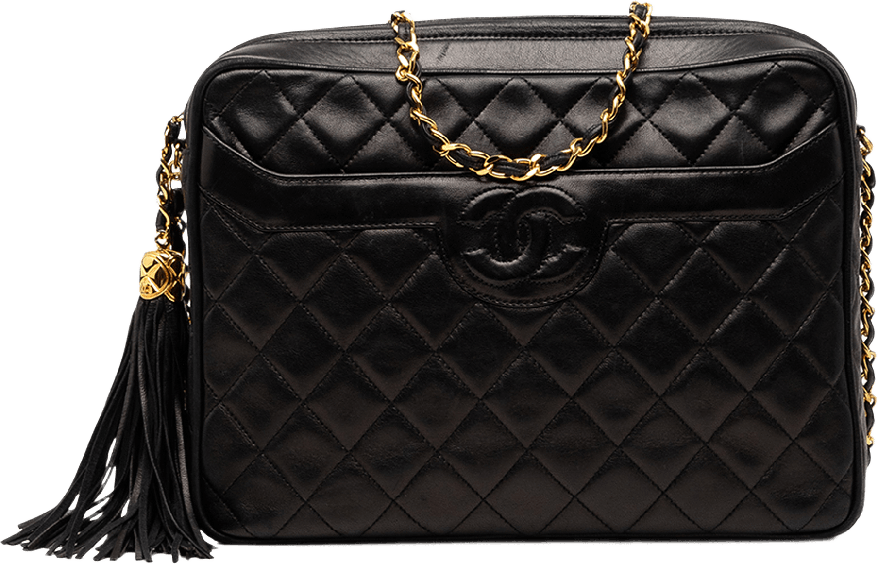 Chanel Medium Cc Quilted Lambskin Tassel Camera Bag, från Luxclusif, i färgen black.