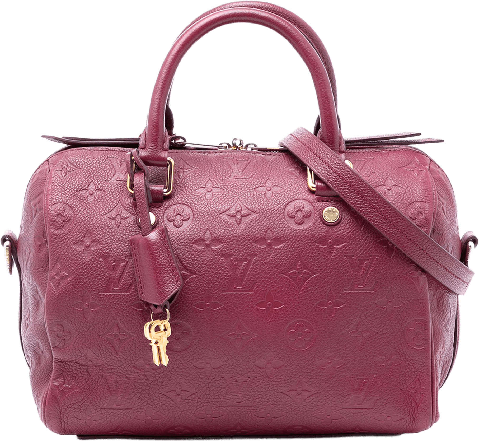 Louis Vuitton Monogram Empreinte Speedy Bandouliere 25, från Luxclusif, i färgen red.