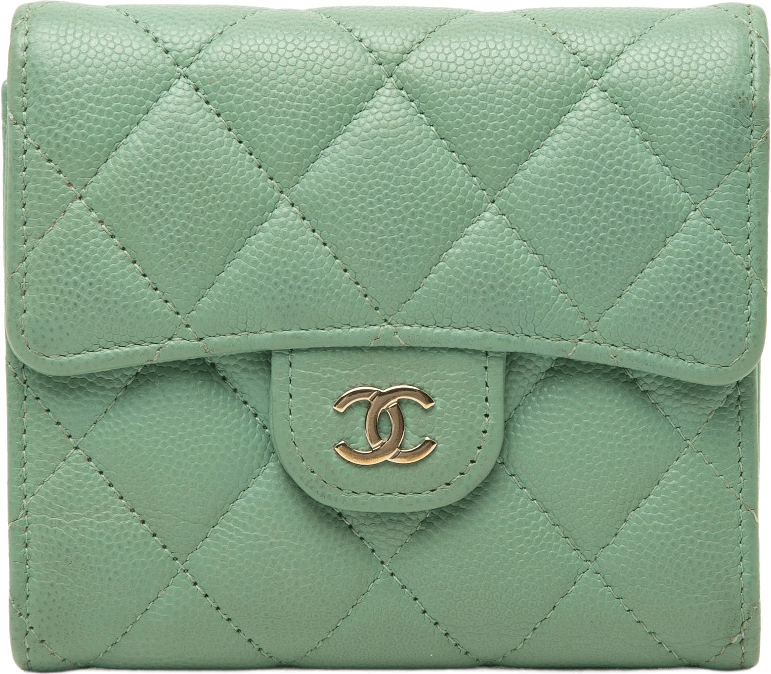 Chanel Cc Quilted Caviar Trifold Wallet, från Luxclusif, i färgen grön.