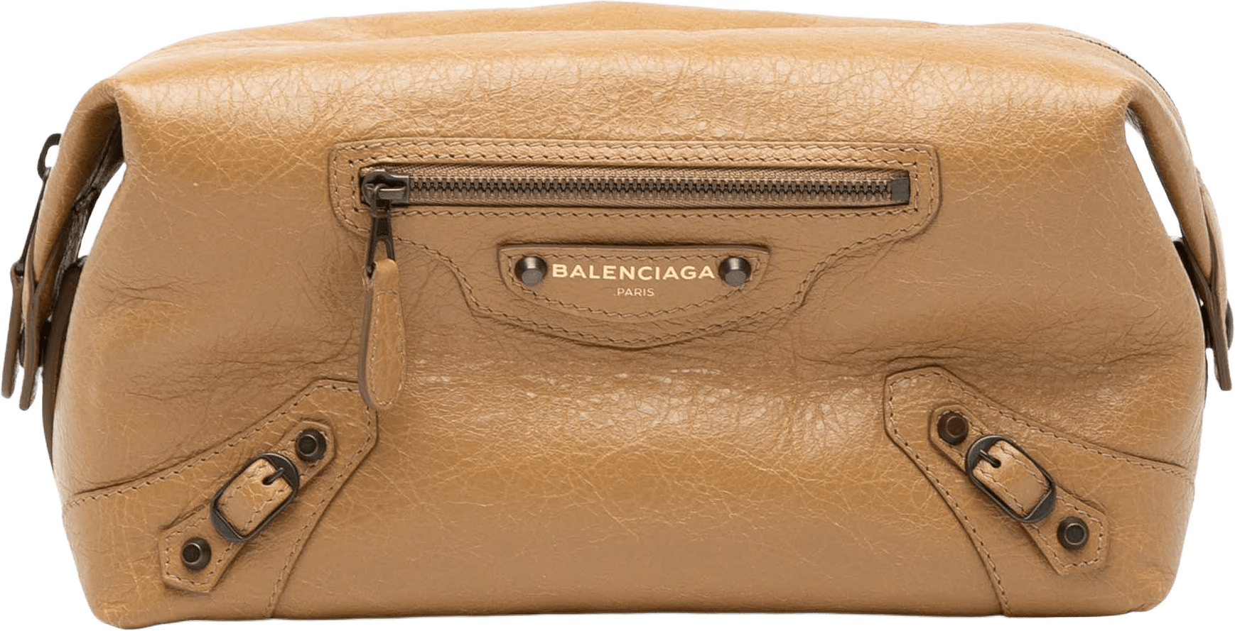 Balenciaga Lambskin Motocross Classic Toiletry Pouch, från Luxclusif, i färgen light brown.