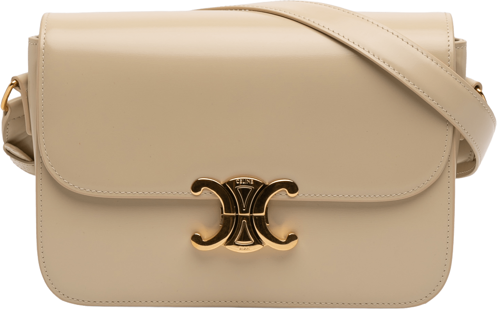 Celine Classique Shiny Calfskin Triomphe Crossbody, från Luxclusif, i färgen light beige.