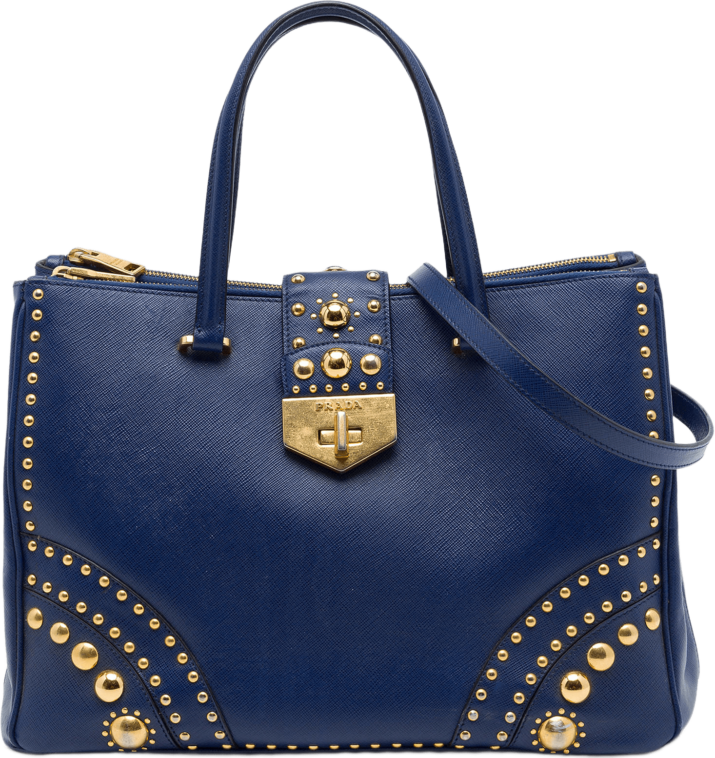 Prada Saffiano Turnlock Double Zip Studded Tote, från Luxclusif, i färgen blå.