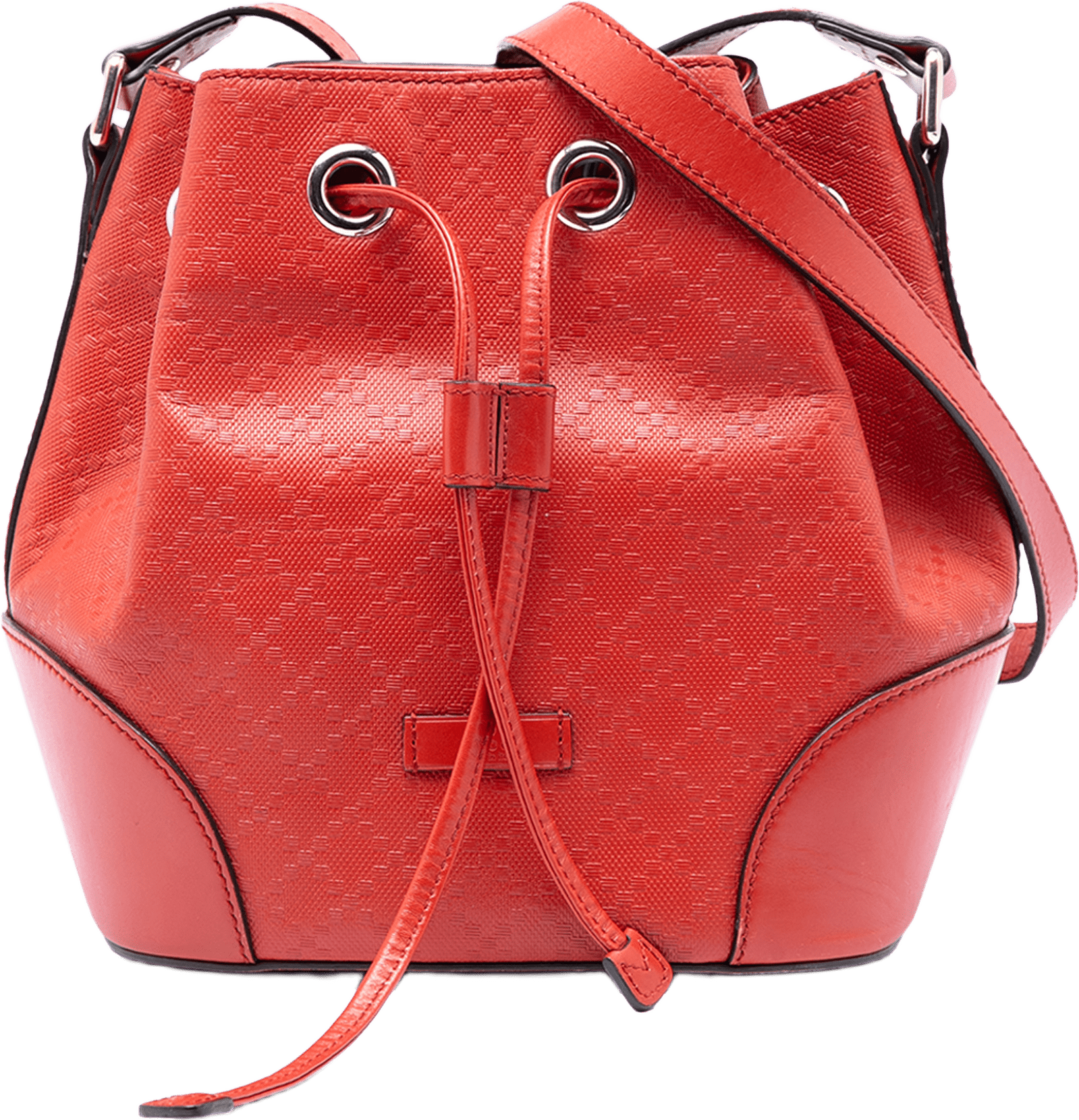 Gucci Diamante Leather Bright Bucket Bag, från Luxclusif, i färgen red.