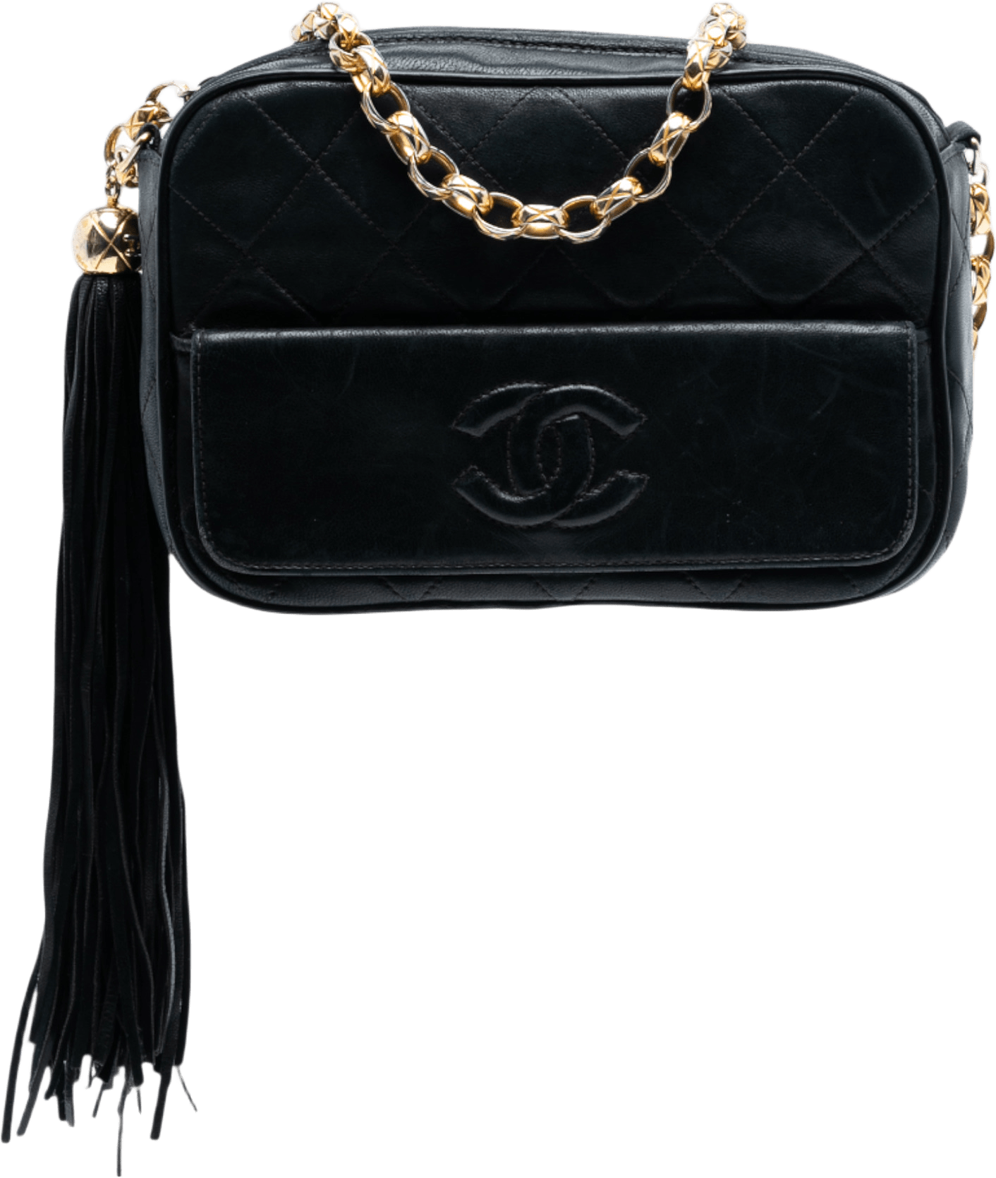 Chanel Mini Cc Quilted Lambskin Tassel Camera Bag, från Luxclusif, i färgen black.