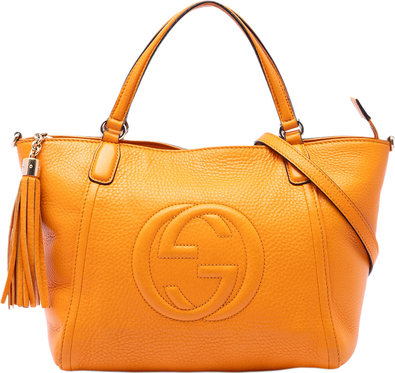 Gucci Small Calfskin Soho Cellarius Satchel, från Luxclusif, i färgen gul.