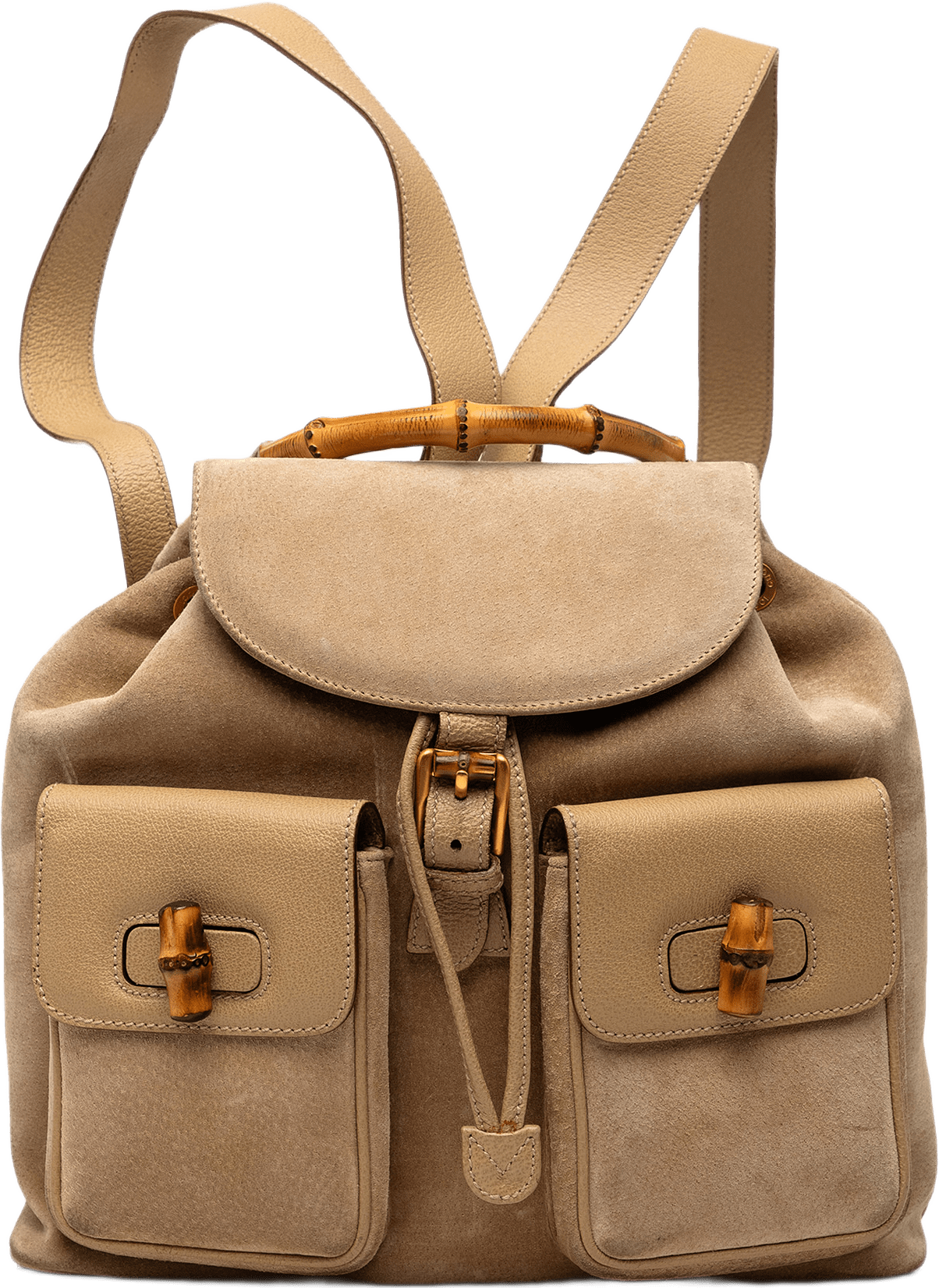 Gucci Suede Bamboo Drawstring Backpack, från Luxclusif, i färgen light brown.