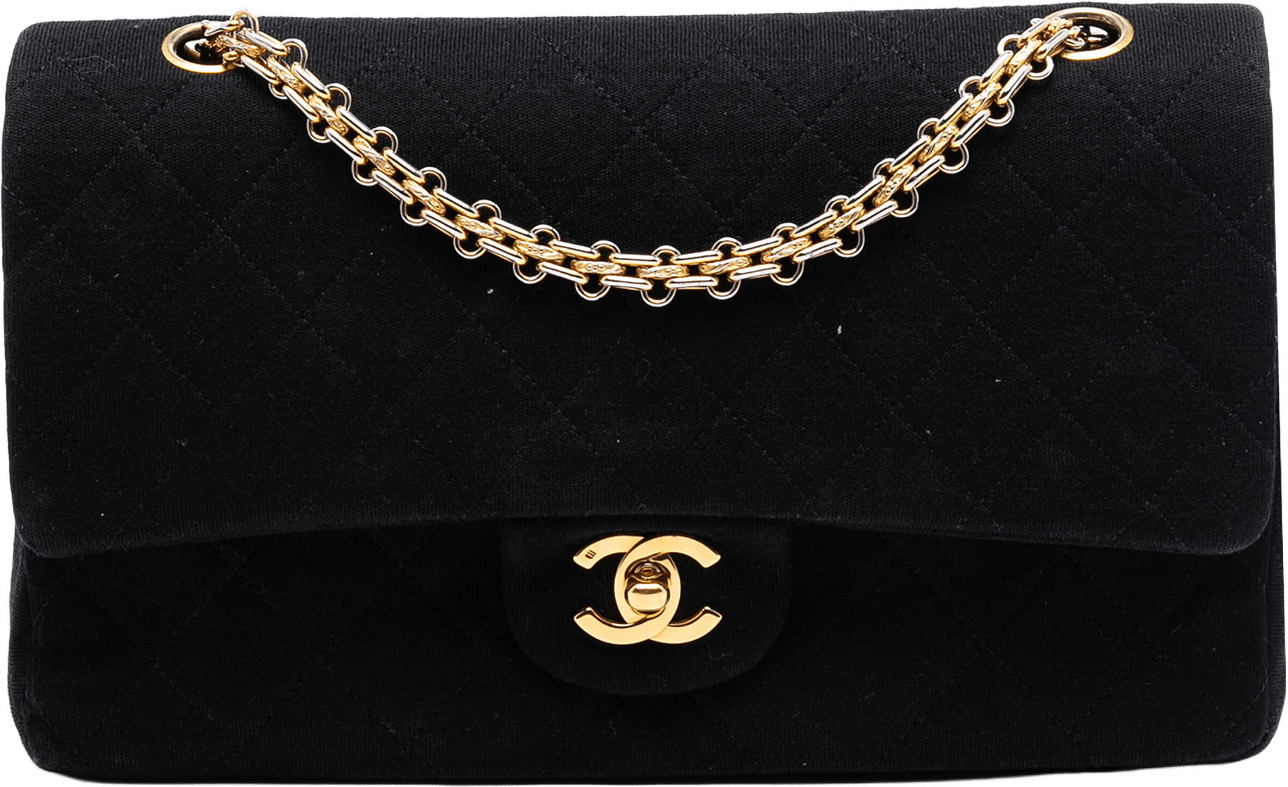 Chanel Medium Classic Jersey Bijoux Chain Double Flap, från Luxclusif, i färgen black.