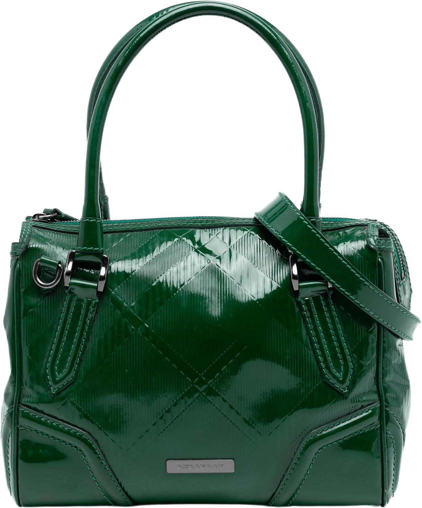 Burberry Medium Embossed Patent Anford Satchel, från Luxclusif, i färgen green.