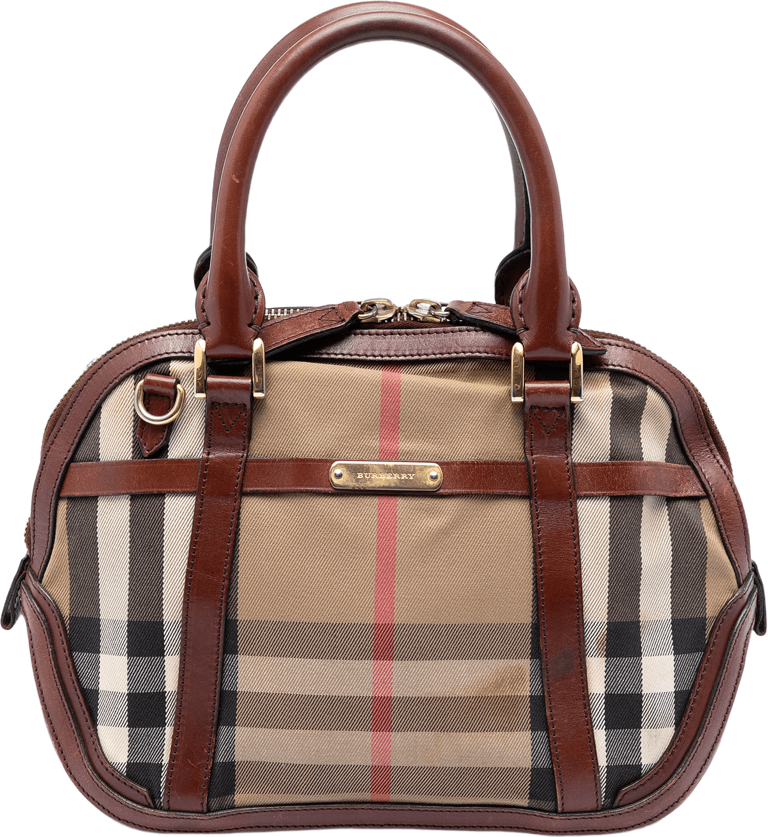Burberry Small Leather Trimmed House Check Canvas Bridle Orchard Satchel, från Luxclusif, i färgen light brown.