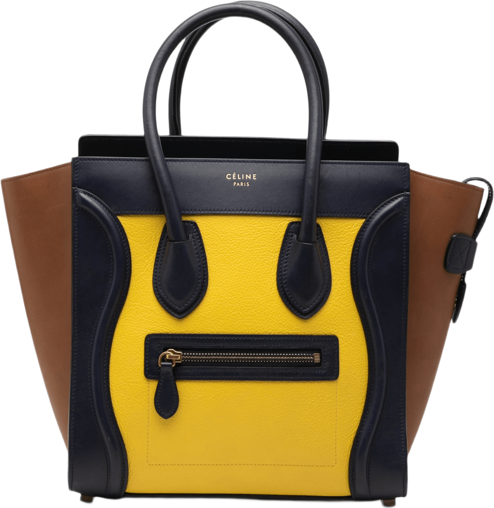 Celine Micro Tricolor Leather Luggage Tote, från Luxclusif, i färgen yellow.