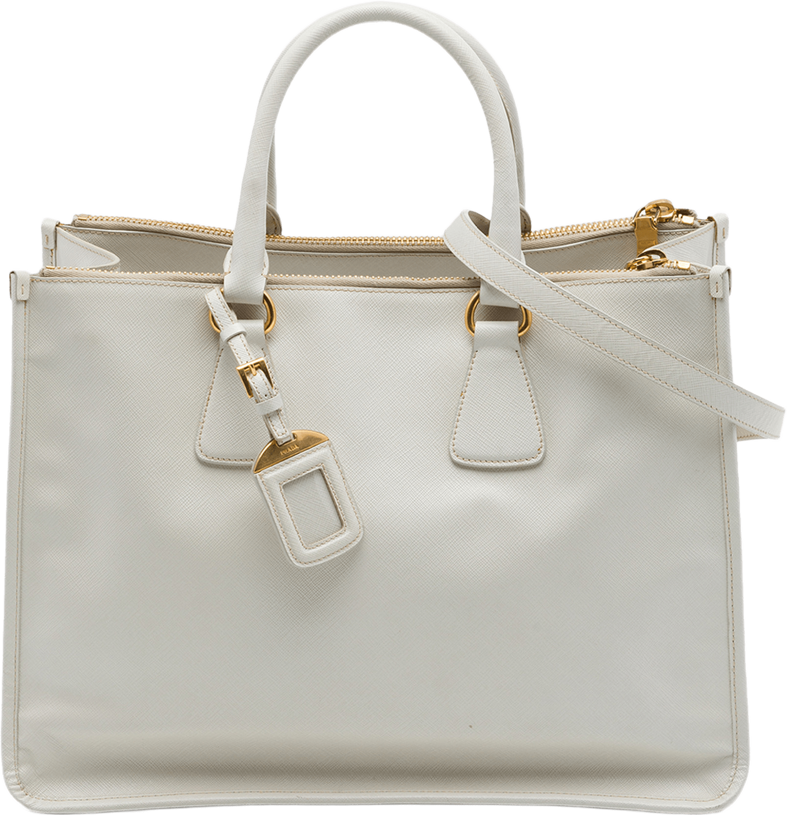 Prada Saffiano Lux Double Zip Satchel, från Luxclusif, i färgen vit.