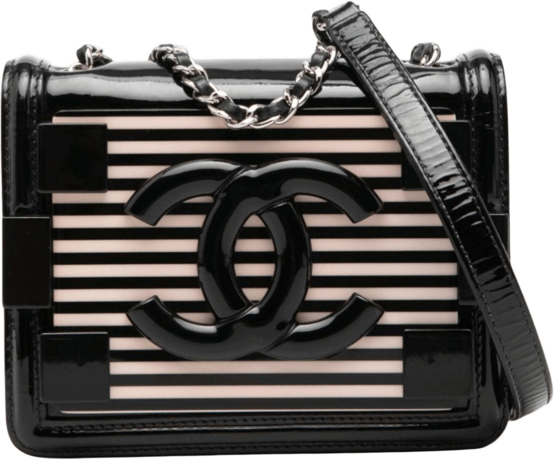 Chanel Mini Patent And Acrylic Striped Boy Brick Flap, från Luxclusif, i färgen black.