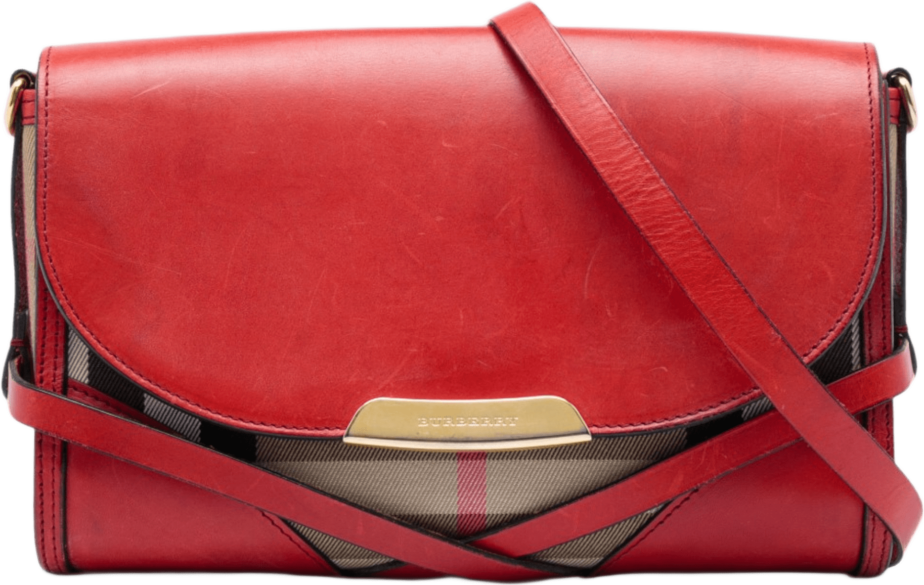 Burberry Leather And House Check Canvas Bridle Abbott Crossbody, från Luxclusif, i färgen brun.
