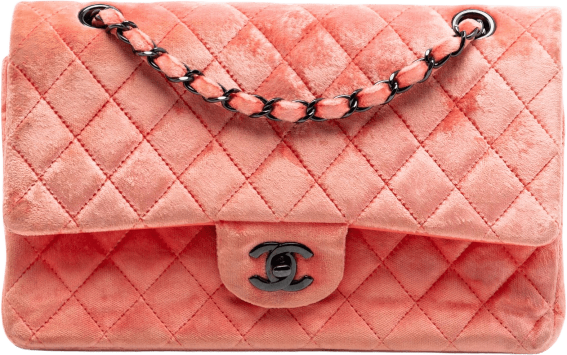 Chanel Medium Classic Velvet Double Flap, från Luxclusif, i färgen salmon.