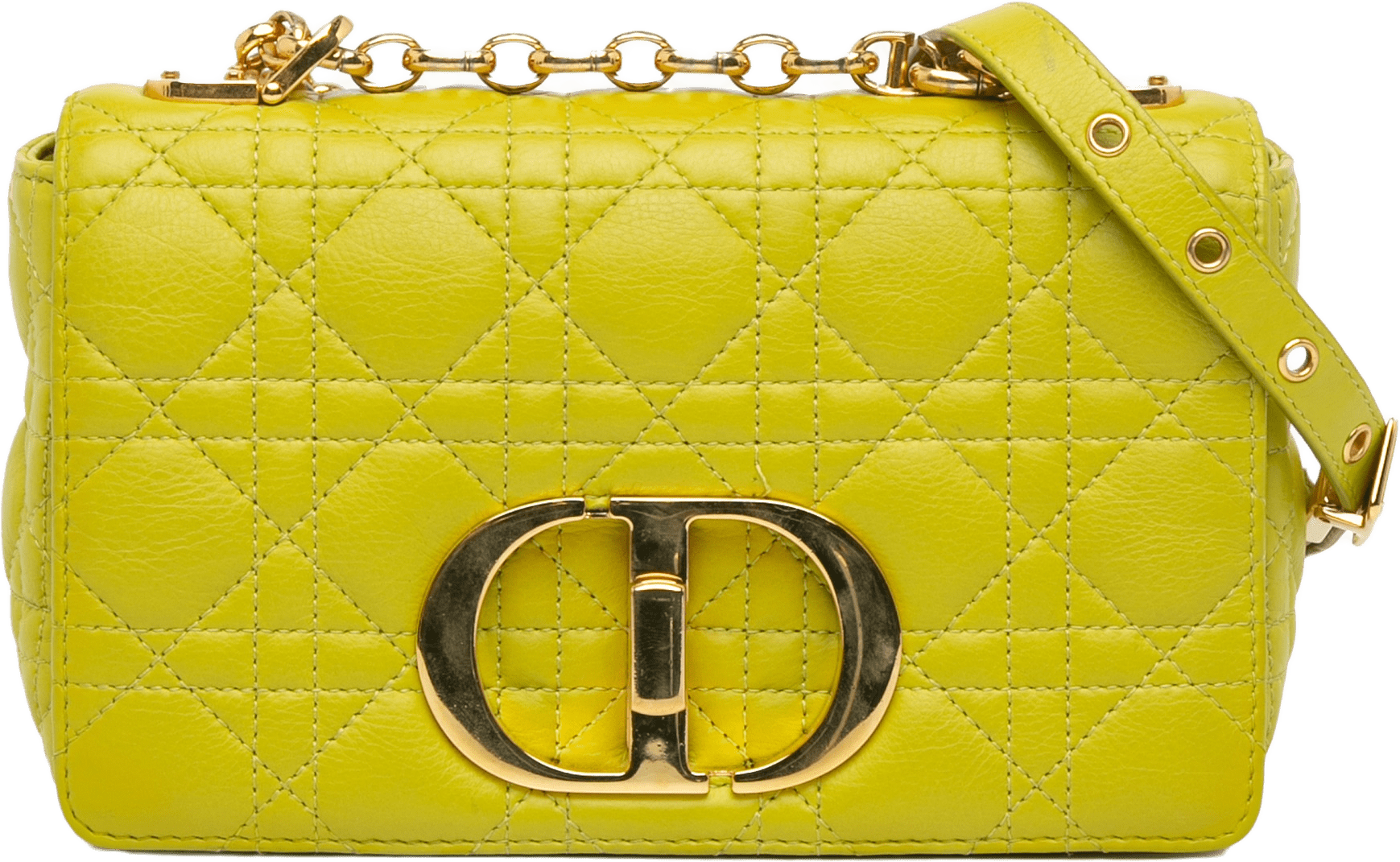 Dior Small Calfskin Cannage Caro Bag, från Luxclusif, i färgen neon yellow.