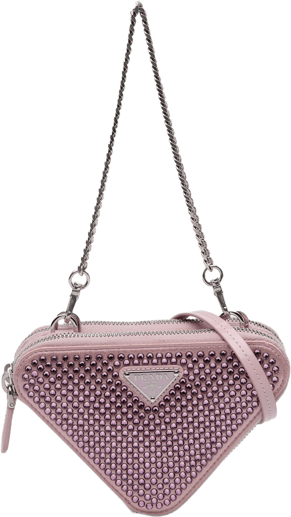 Prada Mini Crystal Embellished Satin And Leather Triangle Pouch, från Luxclusif, i färgen rosa.