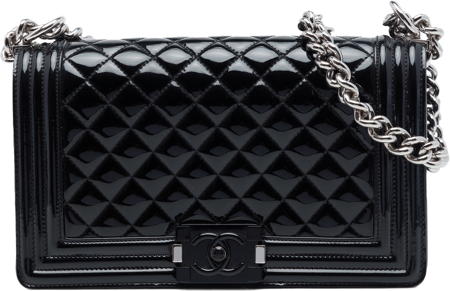 Chanel Old Medium Quilted Patent Acrylic Boy Flap, från Luxclusif, i färgen svart.