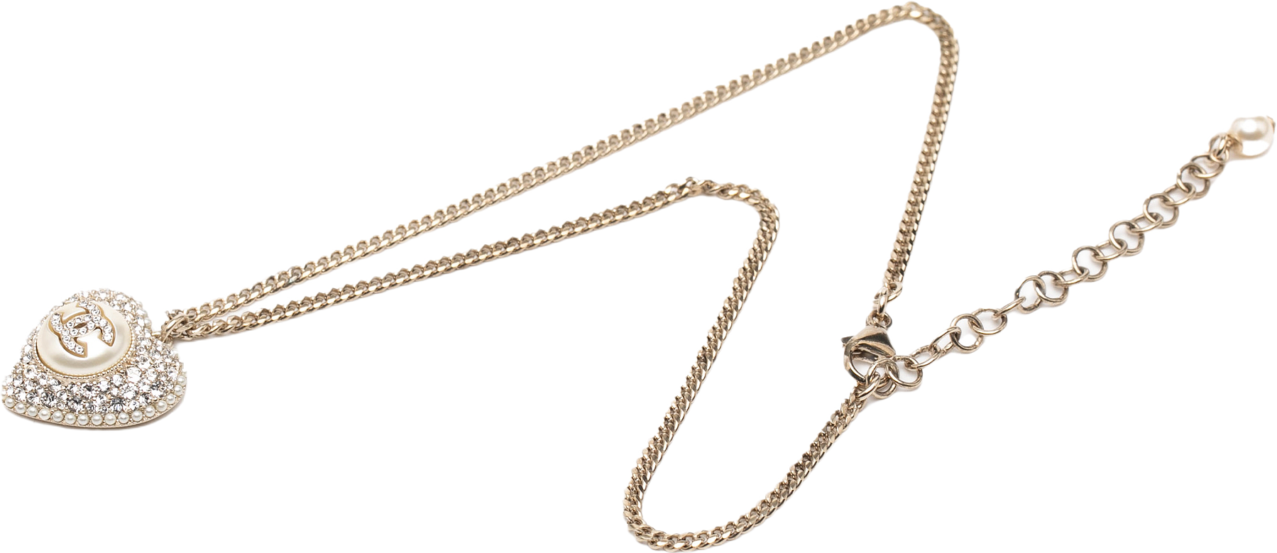 Chanel Gold Plated Cc Faux Pearl Crystal Heart Pendant Necklace, från Luxclusif, i färgen gold.