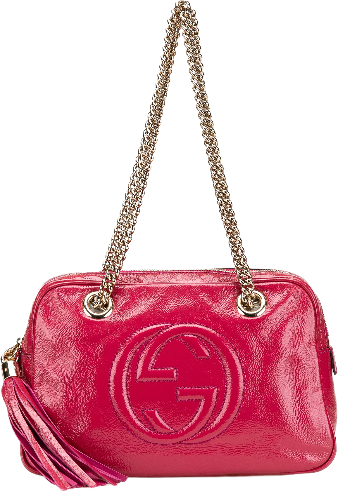 Gucci Patent Soho Chain Zip Shoulder Bag, från Luxclusif, i färgen dark pink.