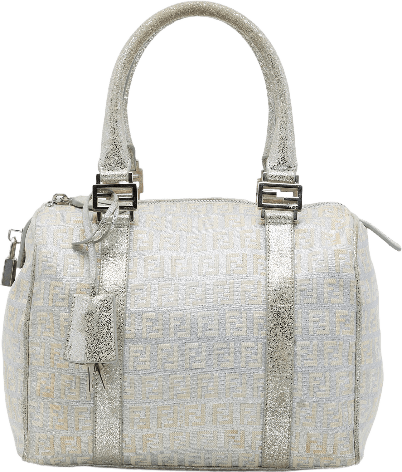 Fendi Small Zucchino Metallic Canvas Forever Bauletto Boston Bag, från Luxclusif, i färgen silver.