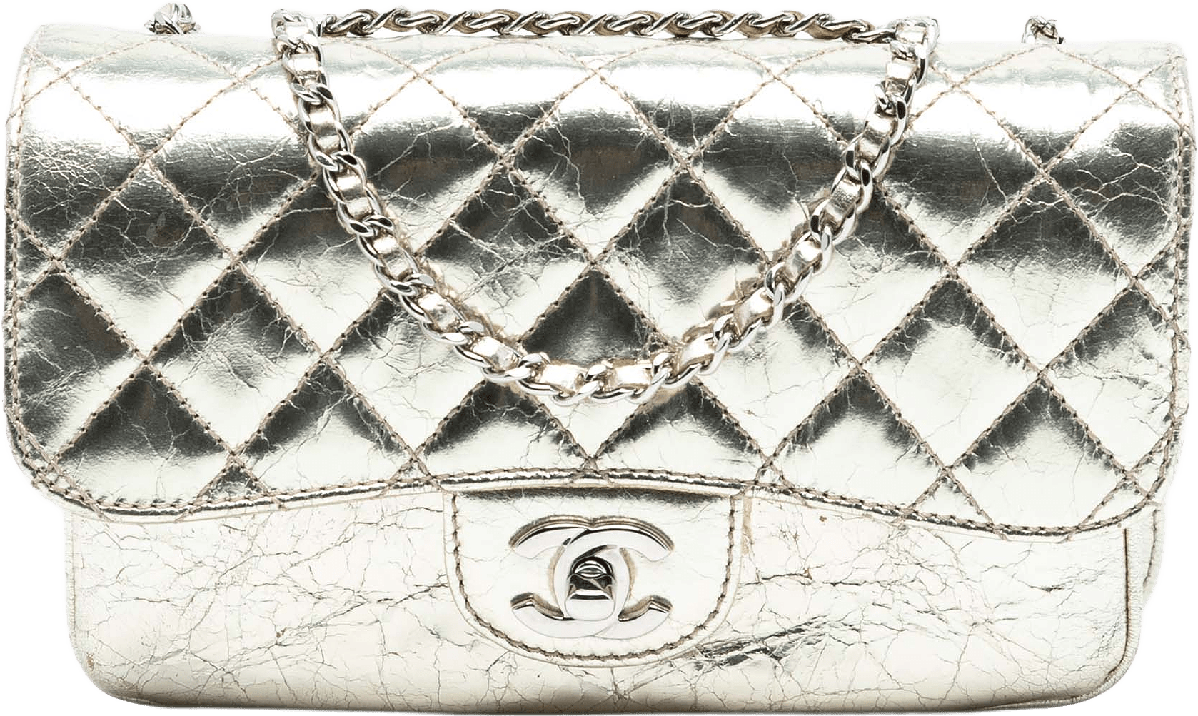 Chanel Small Metallic Crackled Calfskin Clams Pocket Flap, från Luxclusif, i färgen light gold.