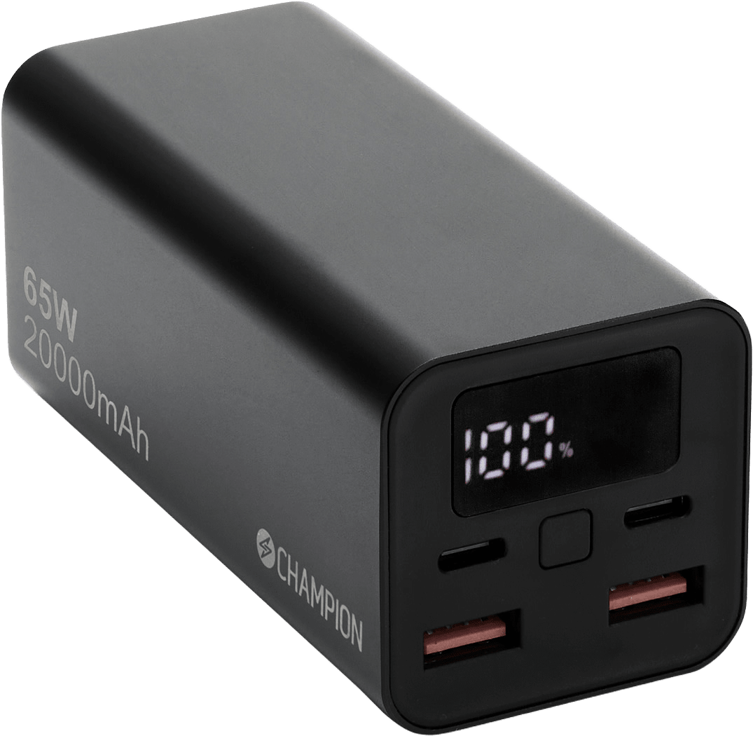 Powerbank 20.000 Mah 65w Pd, från Champion Nordic, i färgen svart.