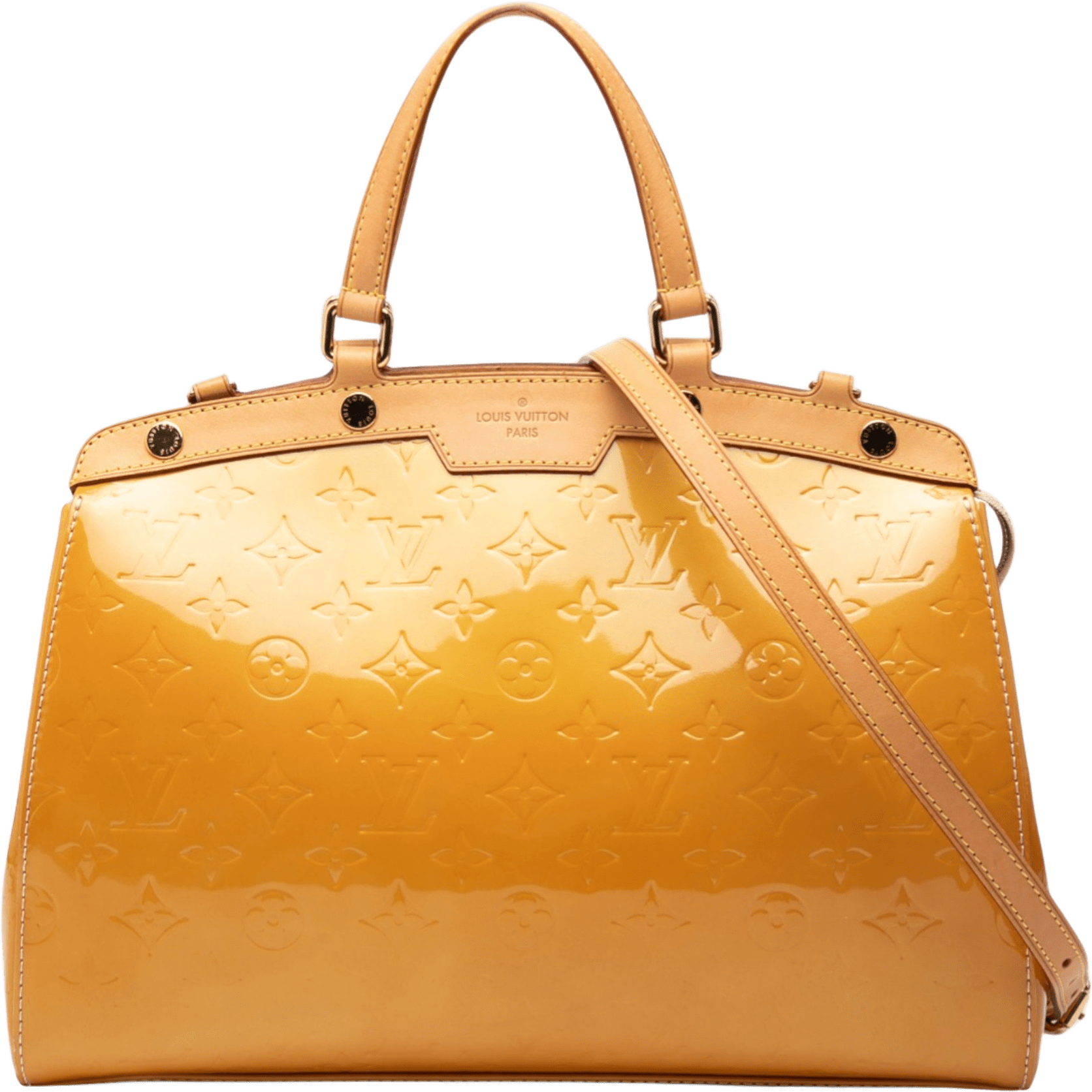 Louis Vuitton Monogram Vernis Brea Mm, från Luxclusif, i färgen mustard.