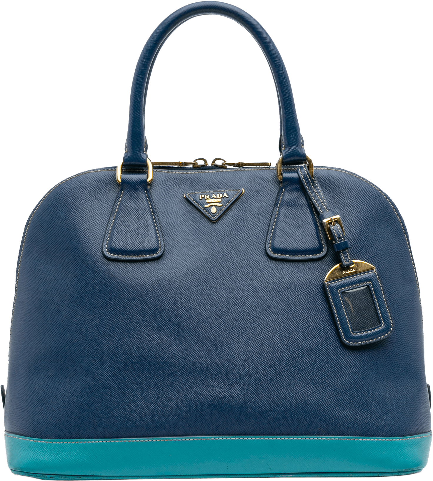 Prada Bicolor Saffiano Lux Promenade Dome Handbag, från Luxclusif, i färgen dark blue.