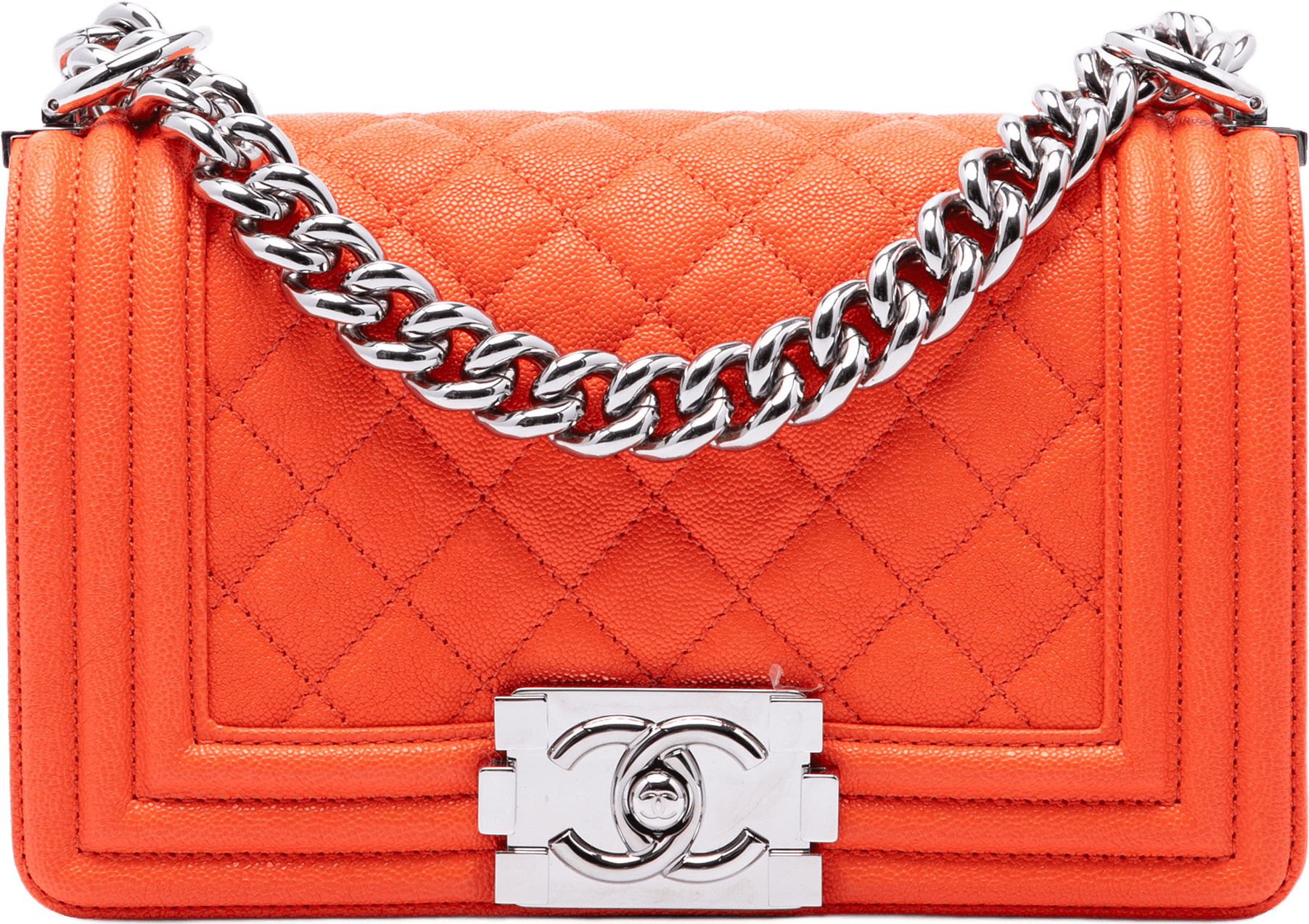 Chanel Small Quilted Caviar Boy Flap, från Luxclusif, i färgen orange.