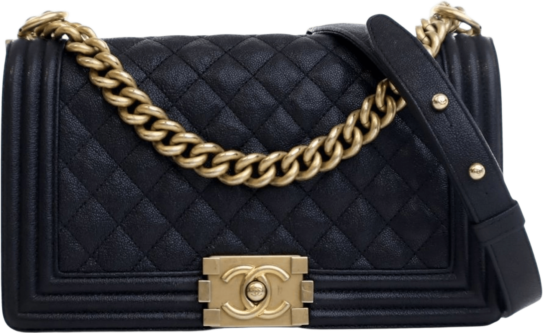 Chanel Old Medium Quilted Caviar Boy Flap, från Luxclusif, i färgen navy.