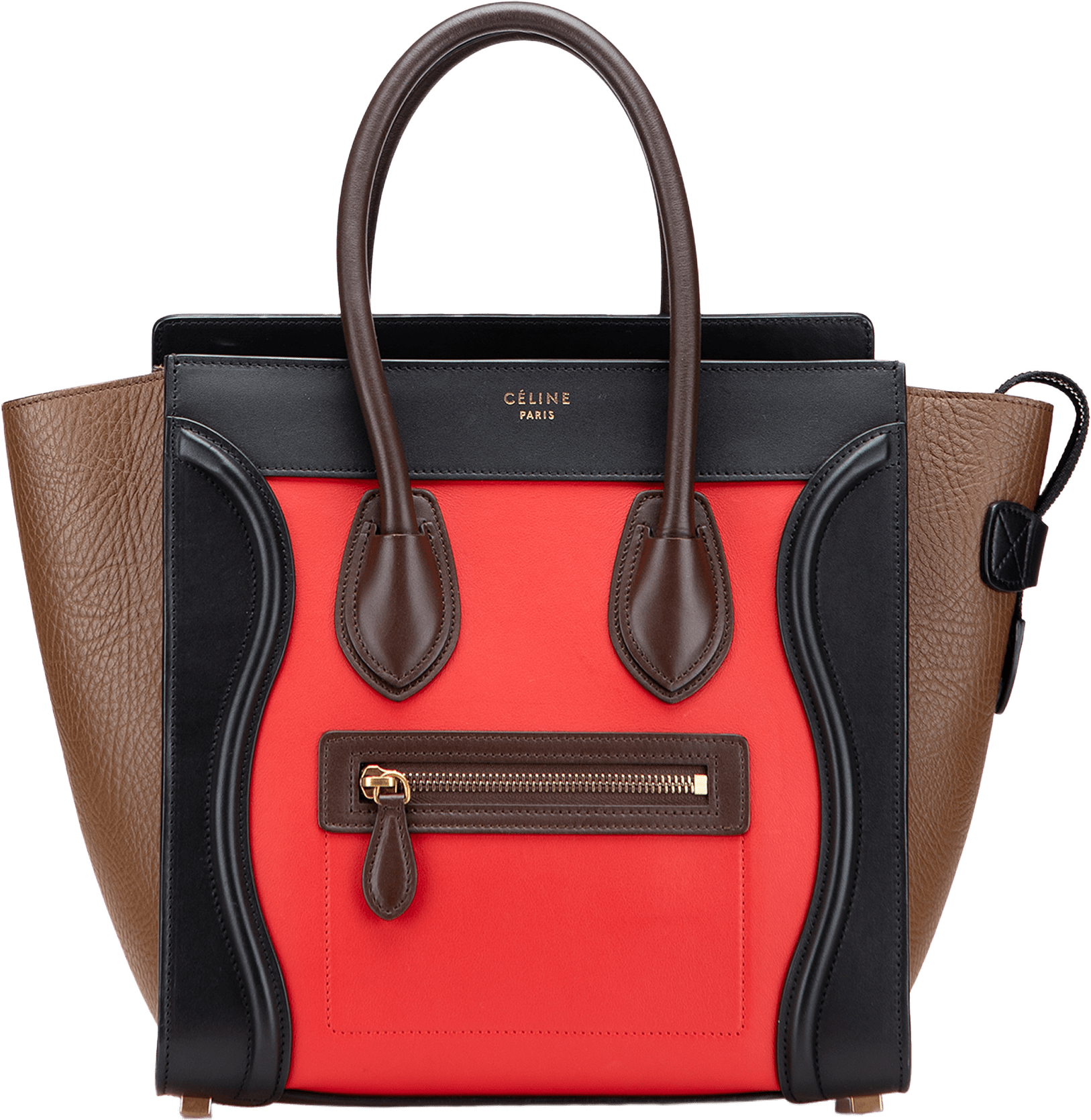 Celine Micro Tricolor Leather Luggage Tote, från Luxclusif, i färgen red.