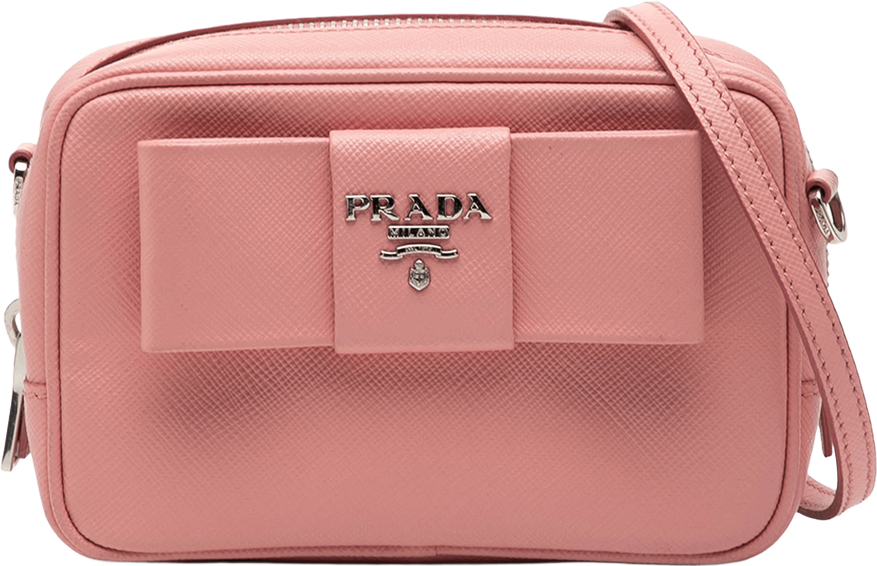 Prada Saffiano Fiocco Bow Camera Bag, från Luxclusif, i färgen pink.