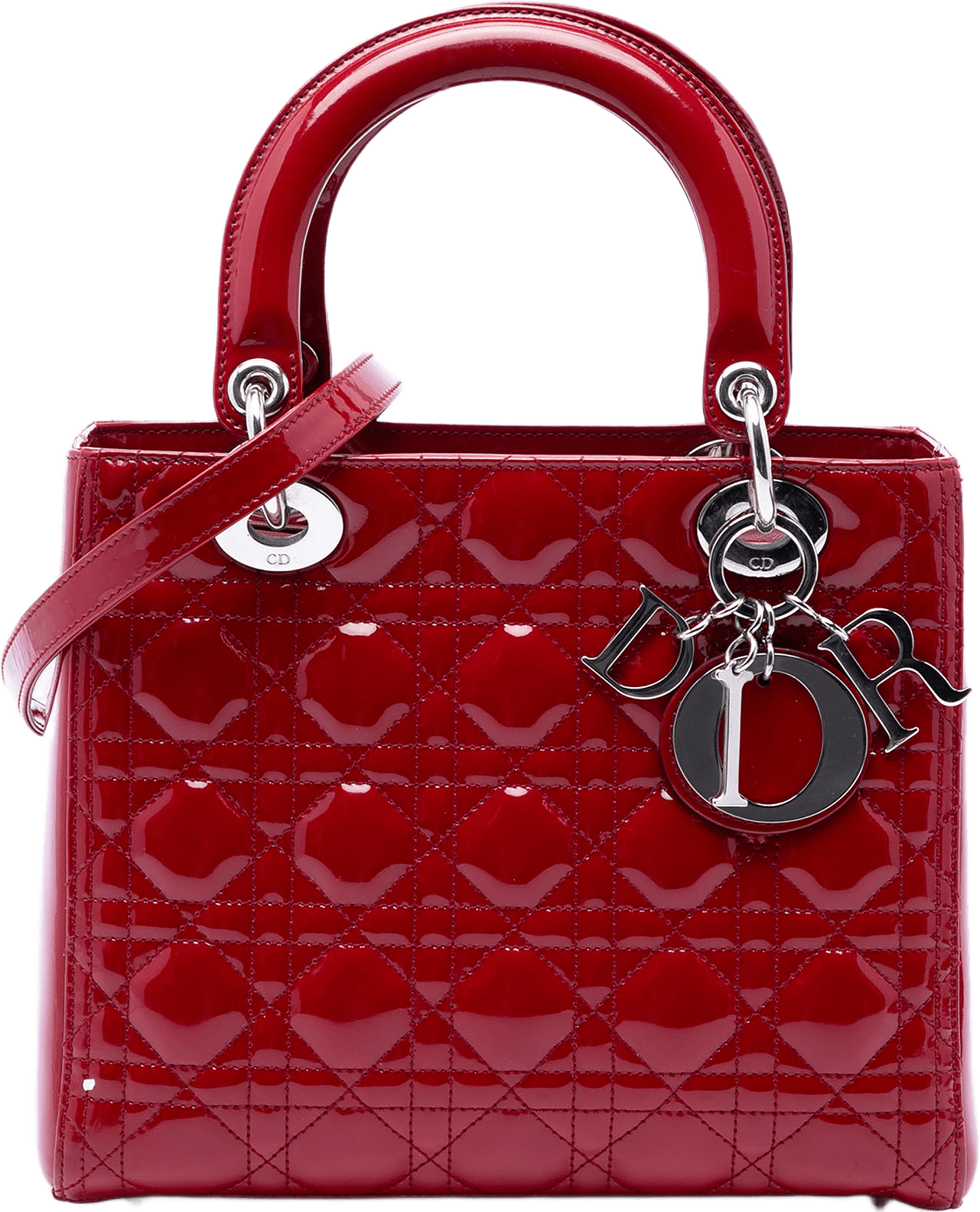 Dior Medium Patent Cannage Lady Dior, från Luxclusif, i färgen dark red.