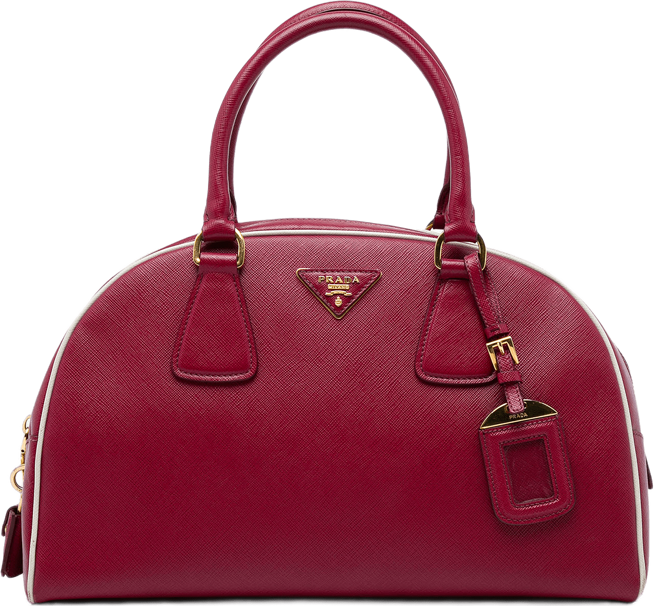Prada Saffiano Lux Bowling Handbag, från Luxclusif, i färgen röd.