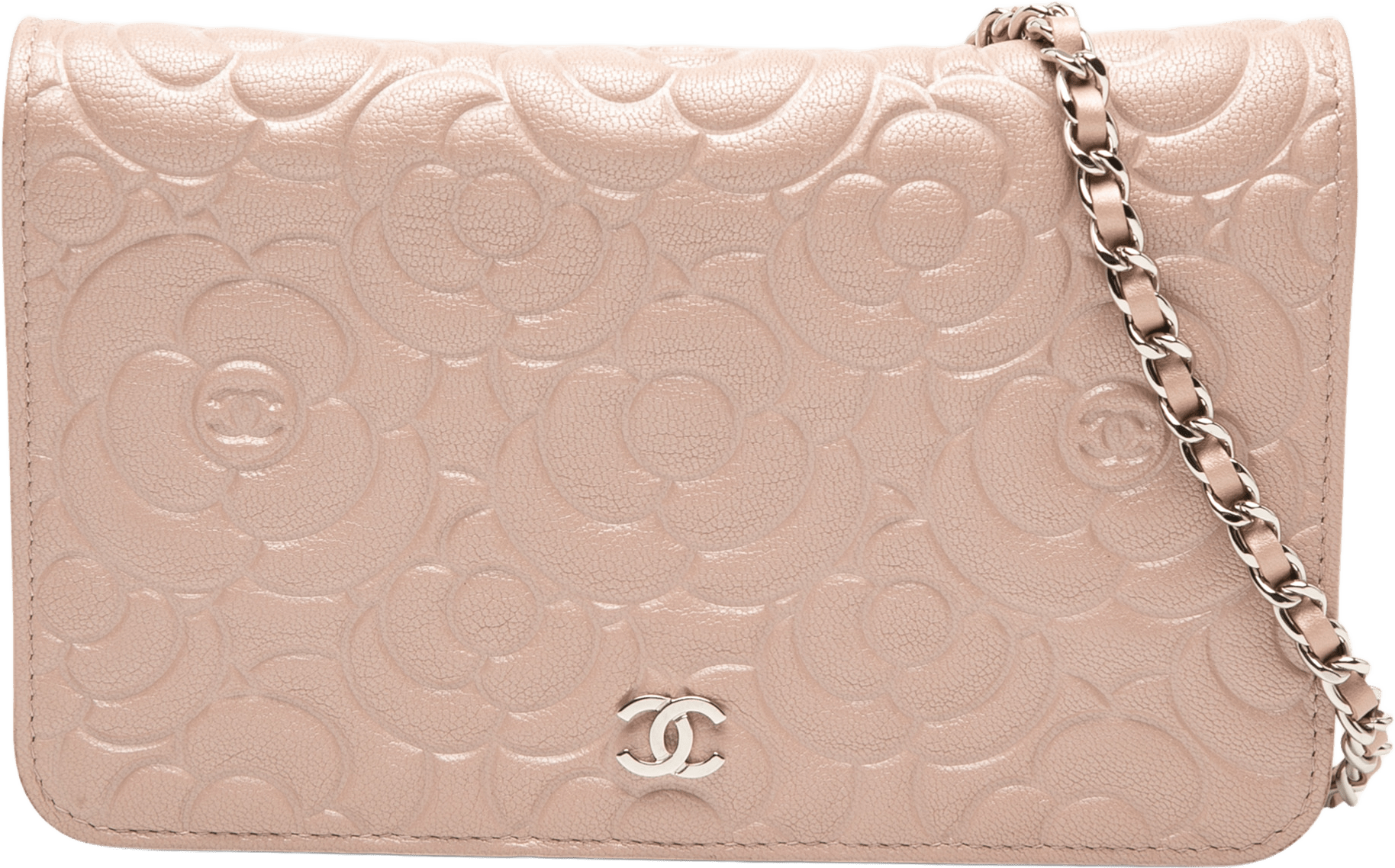 Chanel Cc Embossed Lambskin Camellia Wallet On Chain, från Luxclusif, i färgen pink.