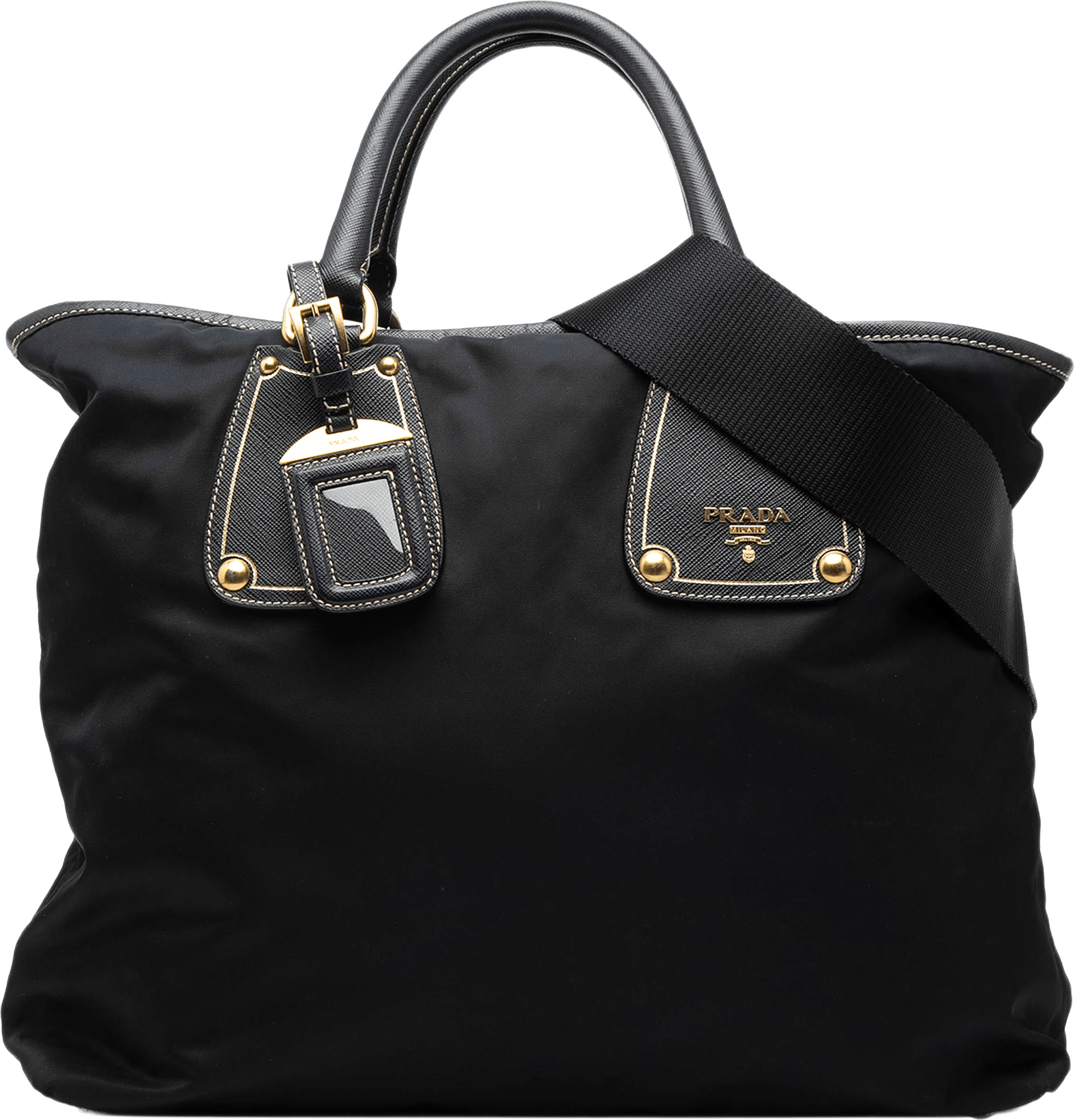 Prada Saffiano Trimmed Tessuto Satchel, från Luxclusif, i färgen svart.