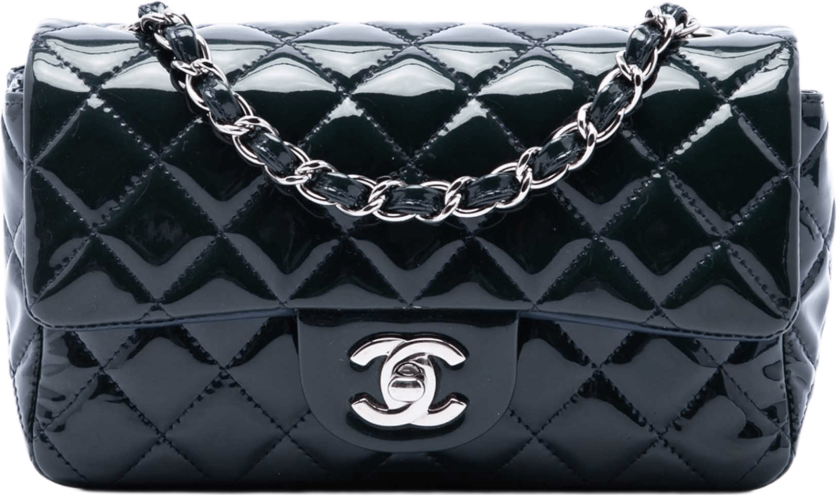 Chanel Mini Rectangular Classic Patent Single Flap, från Luxclusif, i färgen blå.