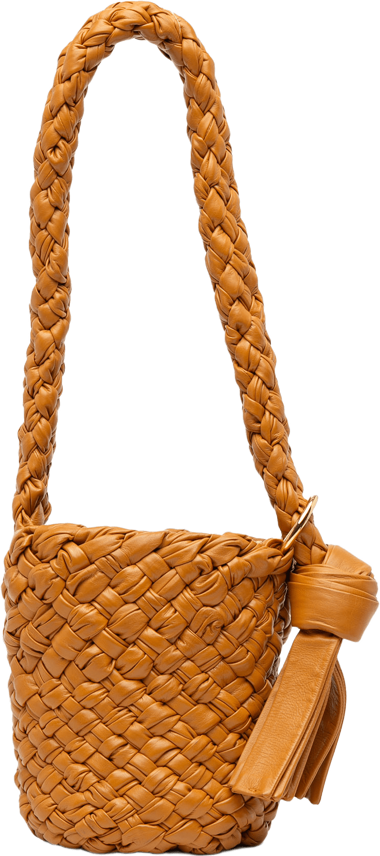 Bottega Veneta Small Calfskin Intreccio Kalimero Bucket Bag, från Luxclusif, i färgen brown.