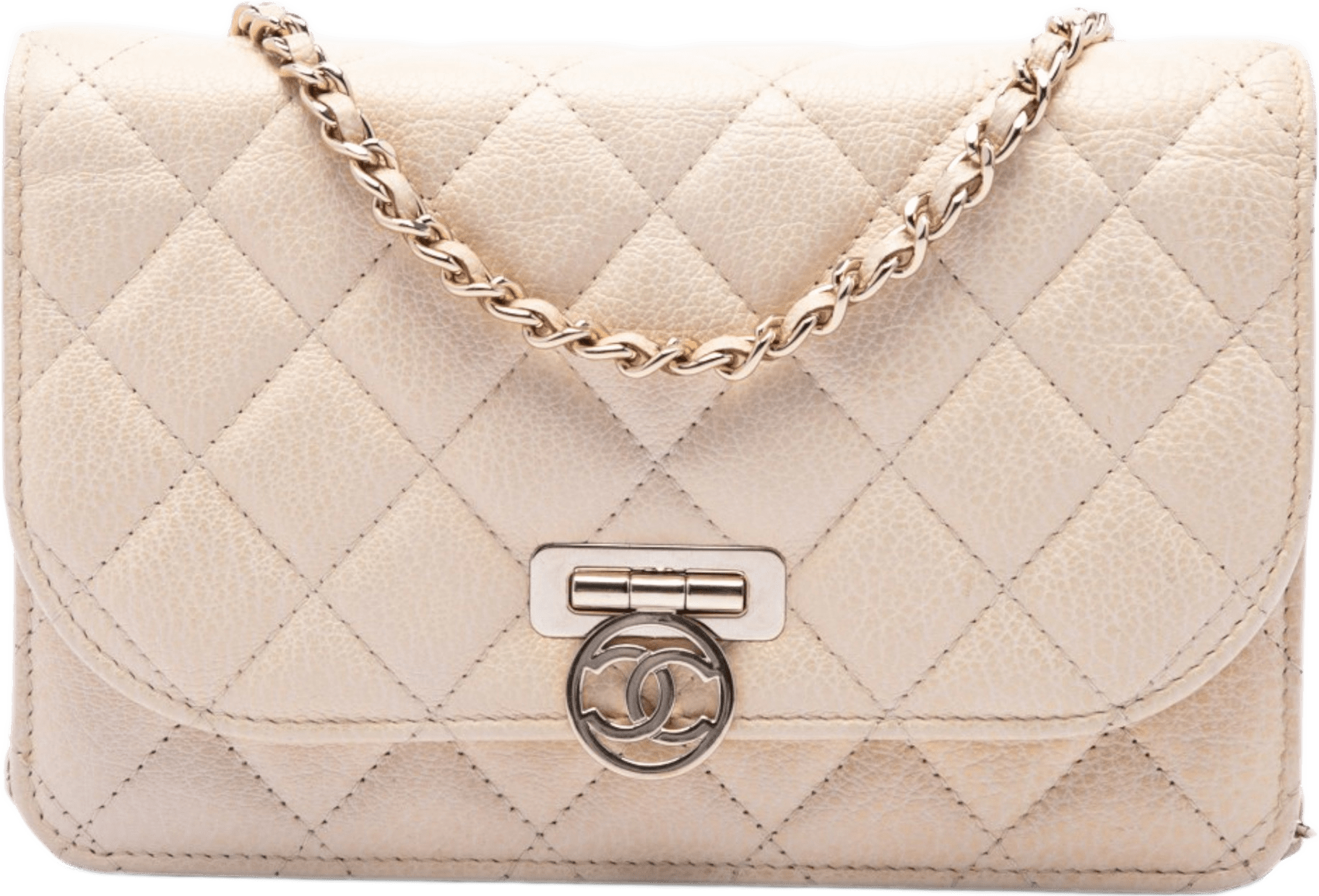 Chanel Round Cc Quilted Calfskin Flip Lock Wallet On Chain, från Luxclusif, i färgen beige.