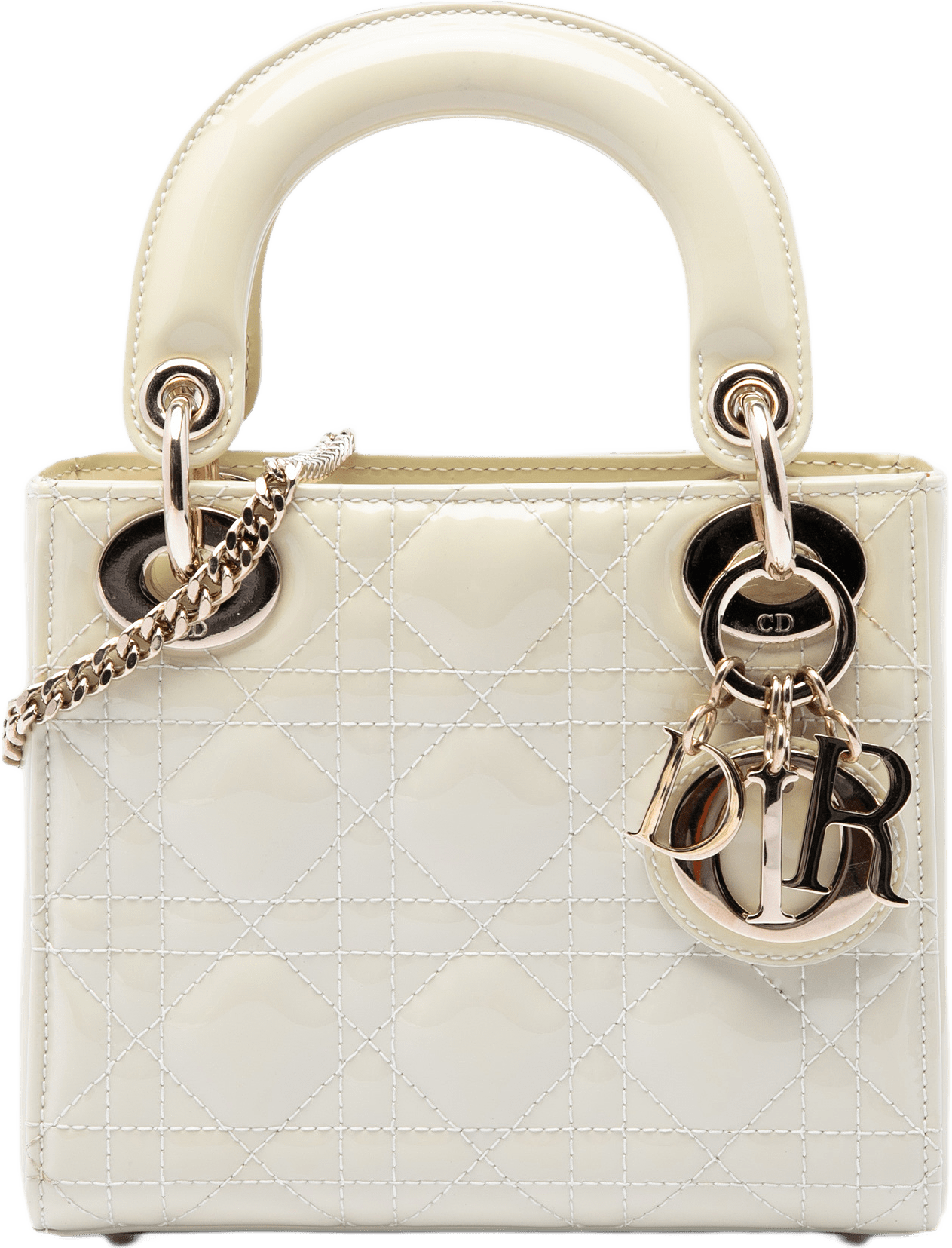 Dior Mini Patent Cannage Lady Dior, från Luxclusif, i färgen vit.