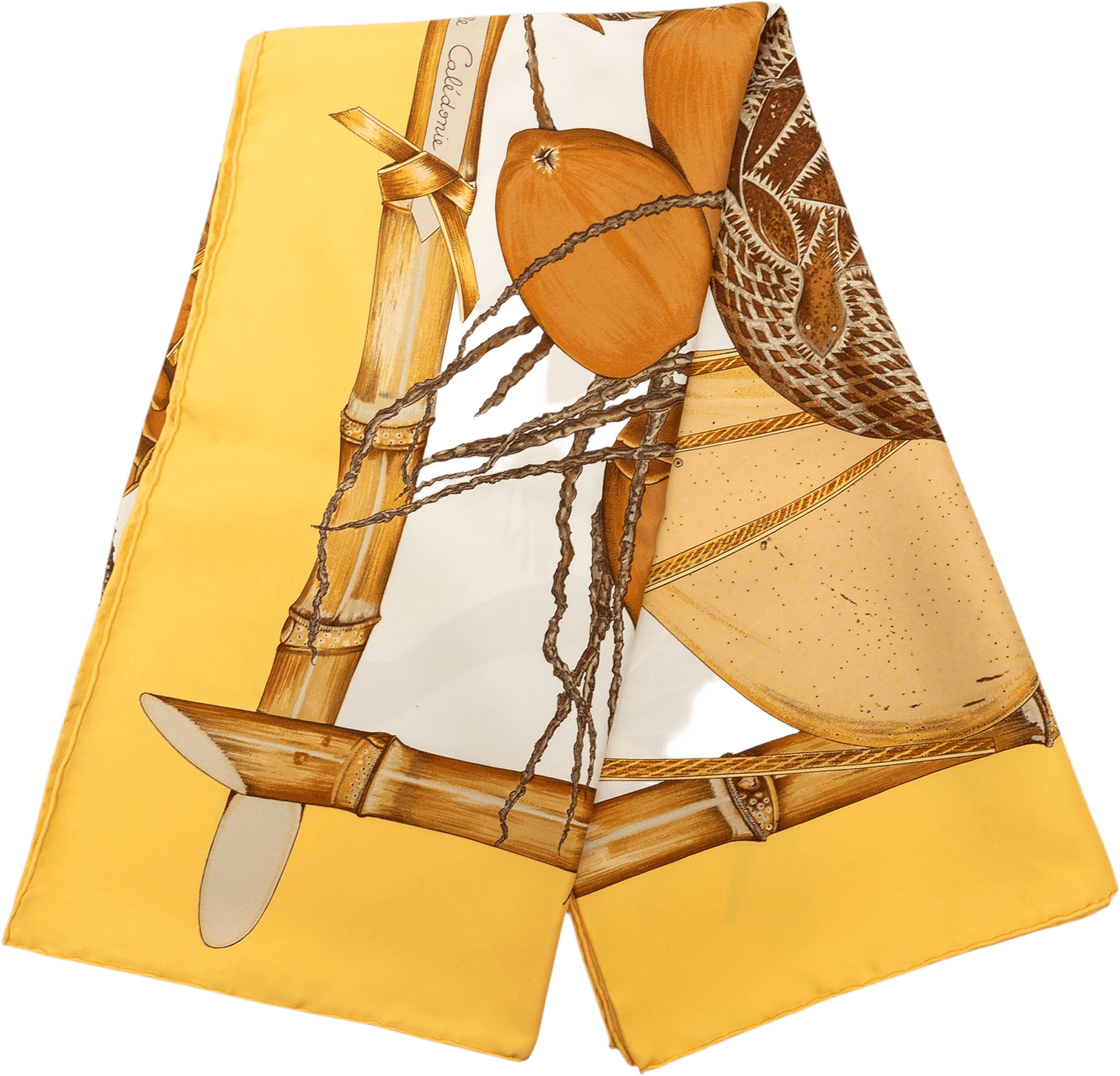 Hermès Nouvelle Caledonie Silk Scarf 90, från Luxclusif, i färgen mustard.
