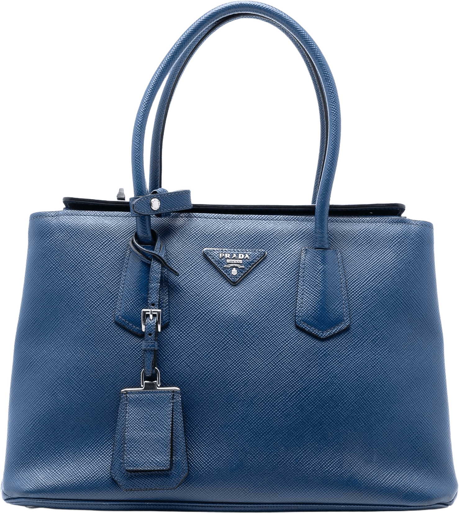 Prada Saffiano Cuir Turnlock Twin Satchel, från Luxclusif, i färgen blue.