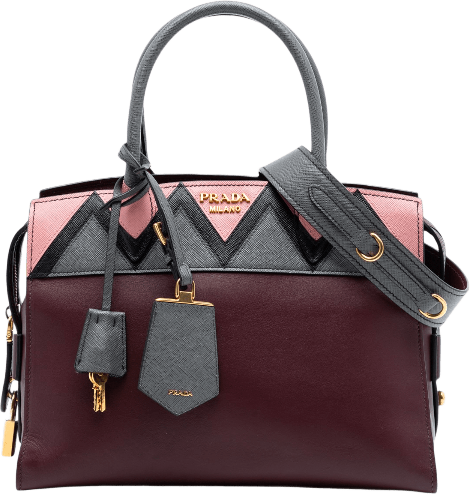 Prada Medium Saffiano Trimmed City Calf Greca Esplanade Satchel, från Luxclusif, i färgen röd.