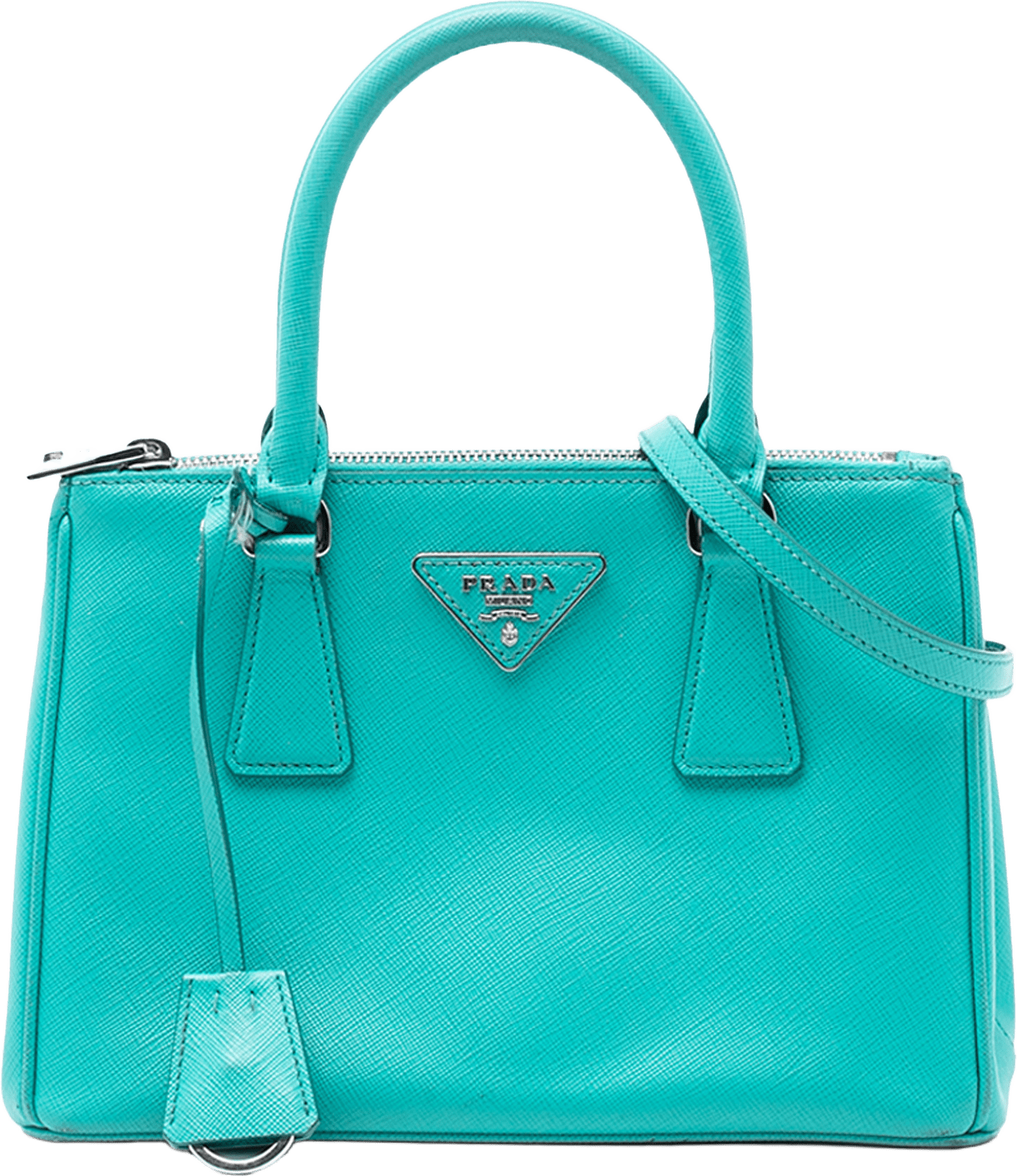 Prada Small Saffiano Lux Galleria Double Zip Satchel, från Luxclusif, i färgen turquoise.