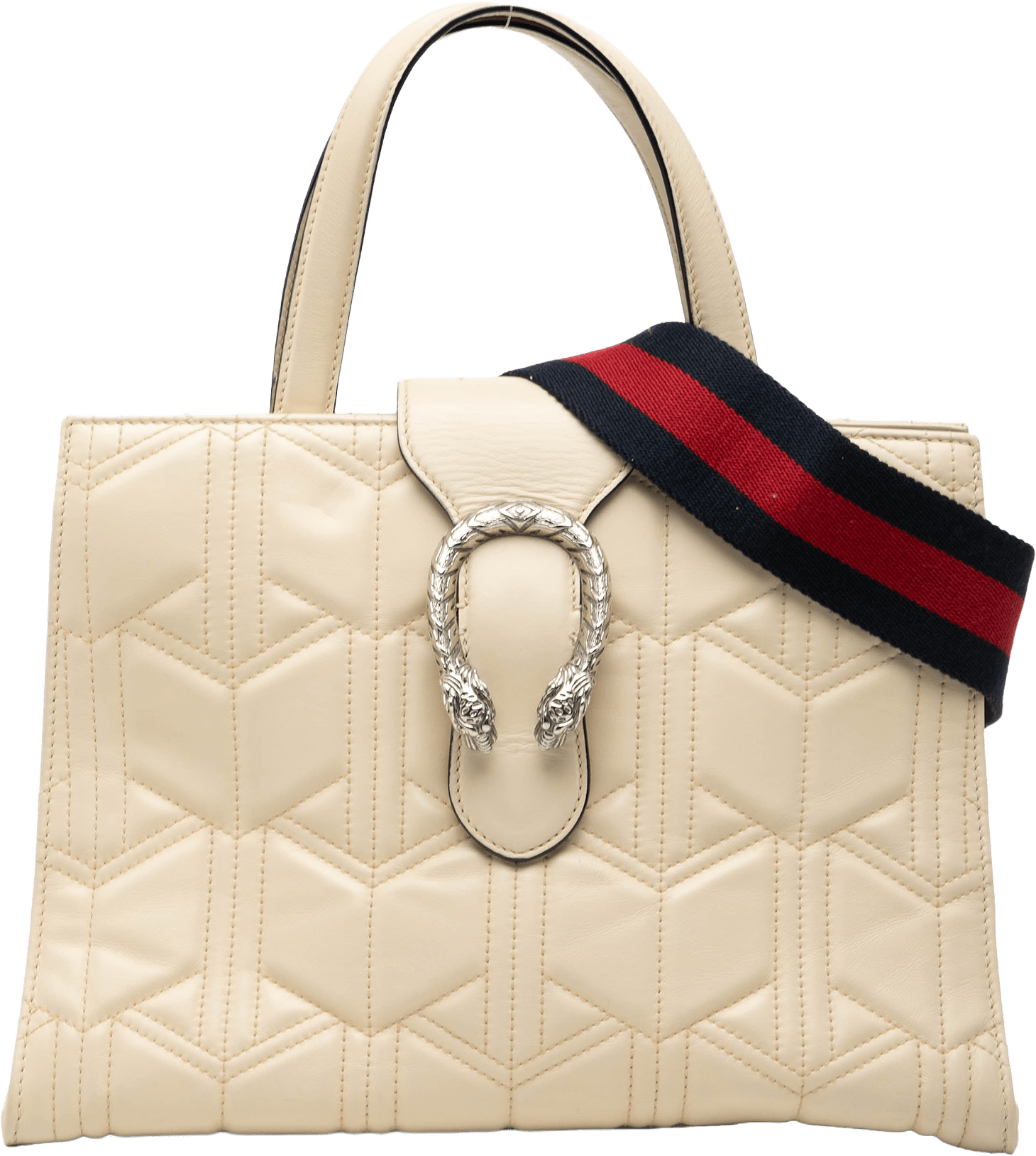 Gucci Quilted Leather Dionysus Web Satchel, från Luxclusif, i färgen ivory.