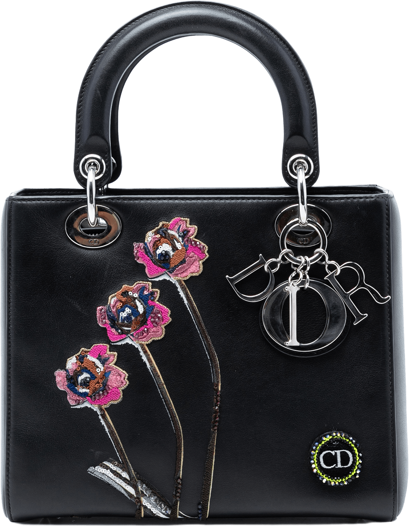 Dior Medium Calfskin Embroidered Flower Lady Dior, från Luxclusif, i färgen black.