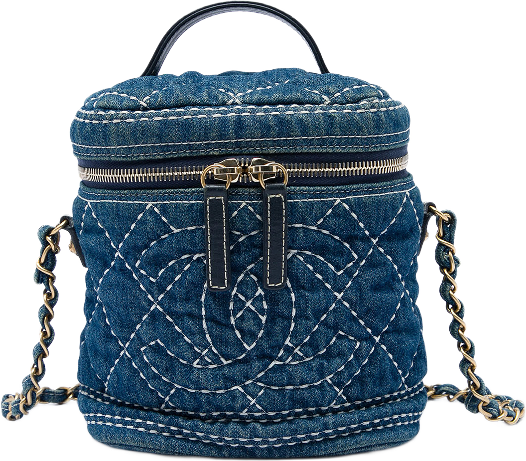 Chanel Cc Quilted Denim Trip Vanity Case With Chain, från Luxclusif, i färgen blå.