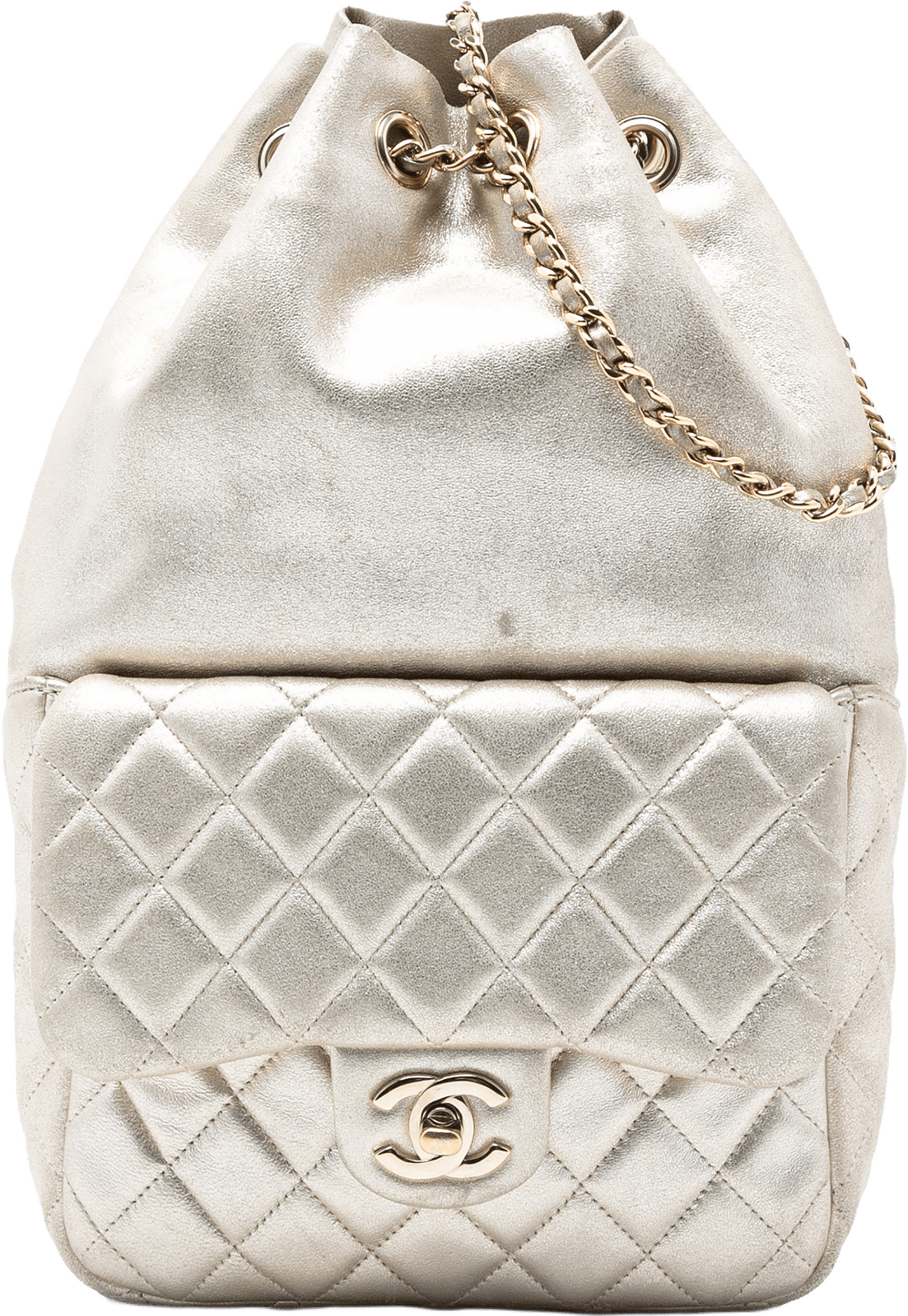 Chanel Small Metallic Lambskin In Seoul Backpack, från Luxclusif, i färgen light gold.