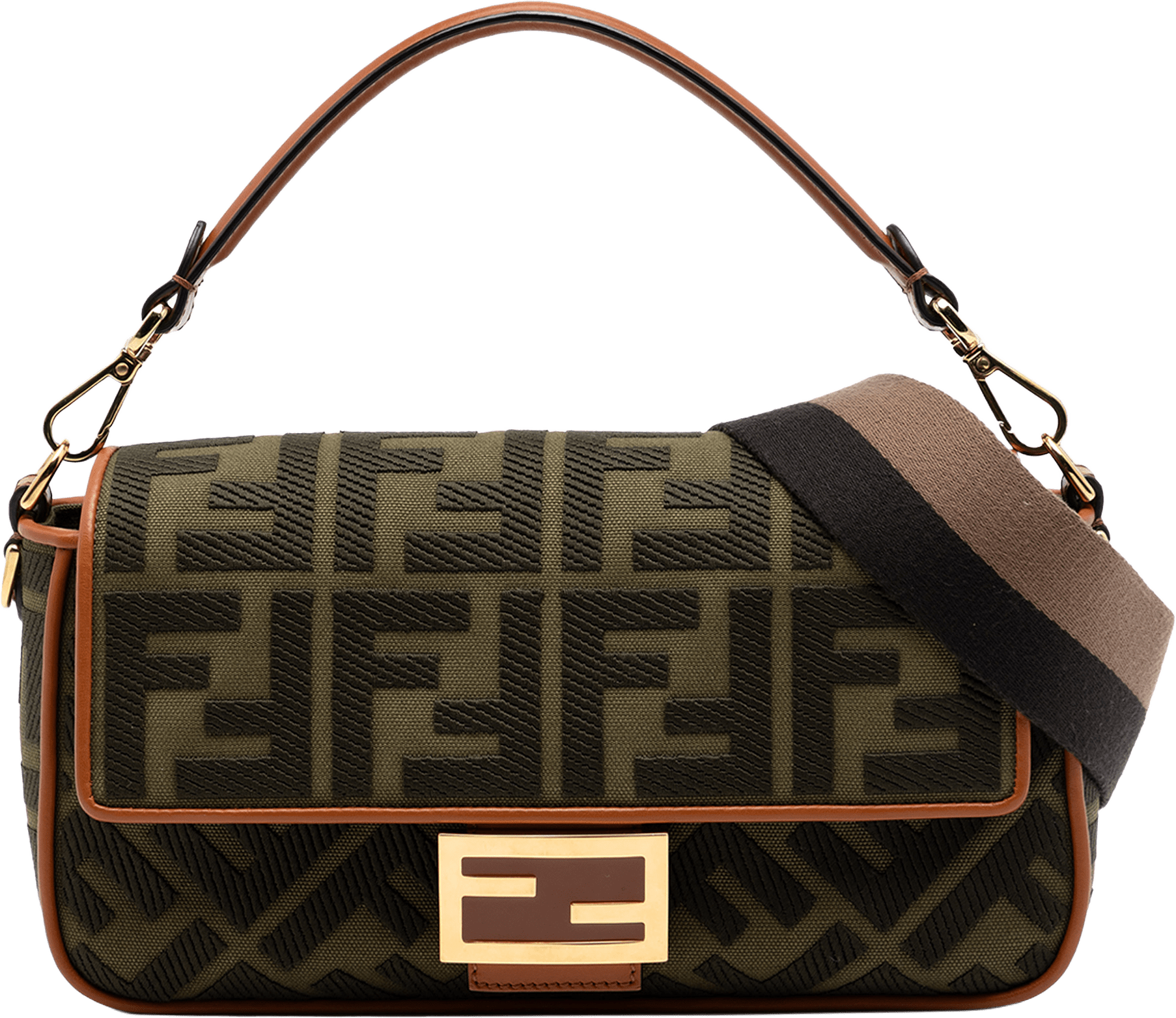 Fendi Zucca Embroidered Canvas Baguette Satchel, från Luxclusif, i färgen khaki.